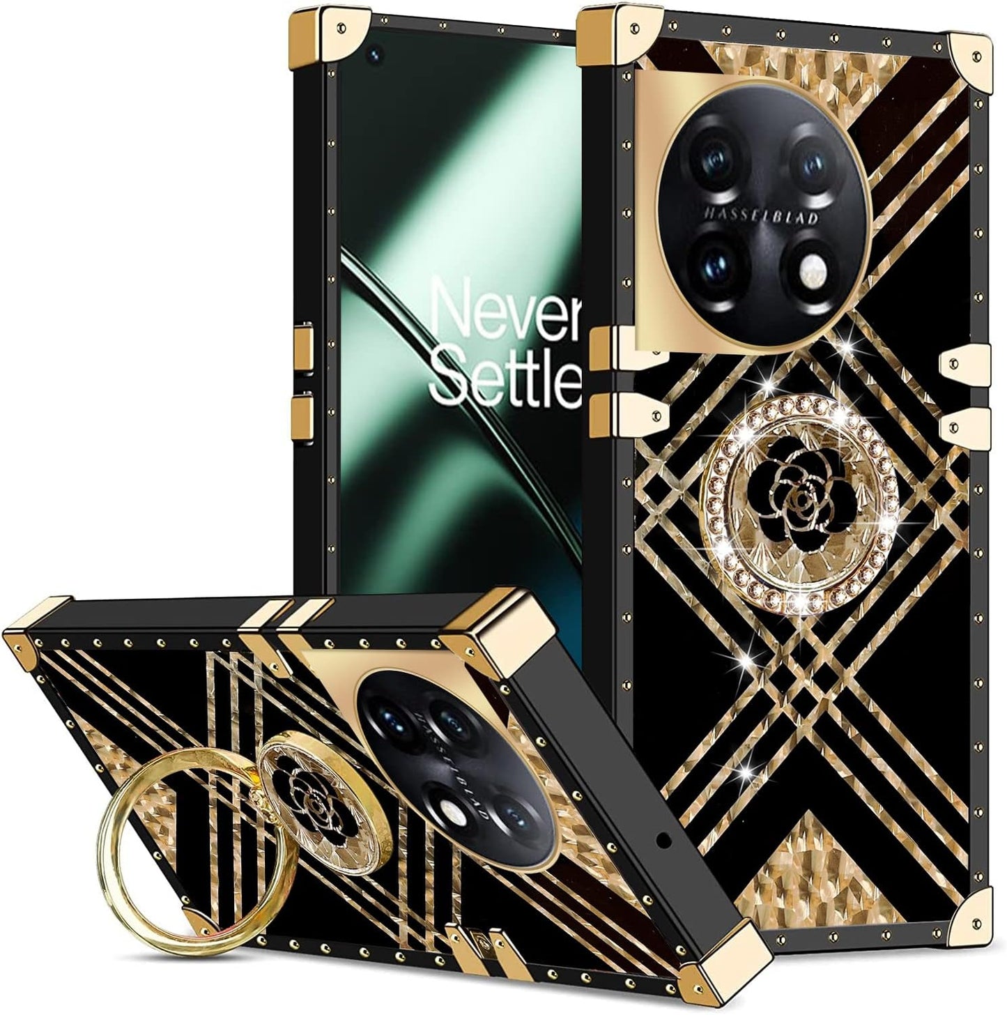 Kudini for Oneplus 11 Phone Case, Oneplus 11 5G Case for Women, Cute Square Glitter Girly Bling Stylish Retro Shock Soft TPU Protective Cover with Ring Kickstand for Oneplus 11 5G (Purple Butterfly)  KuDiNi Black Flower  