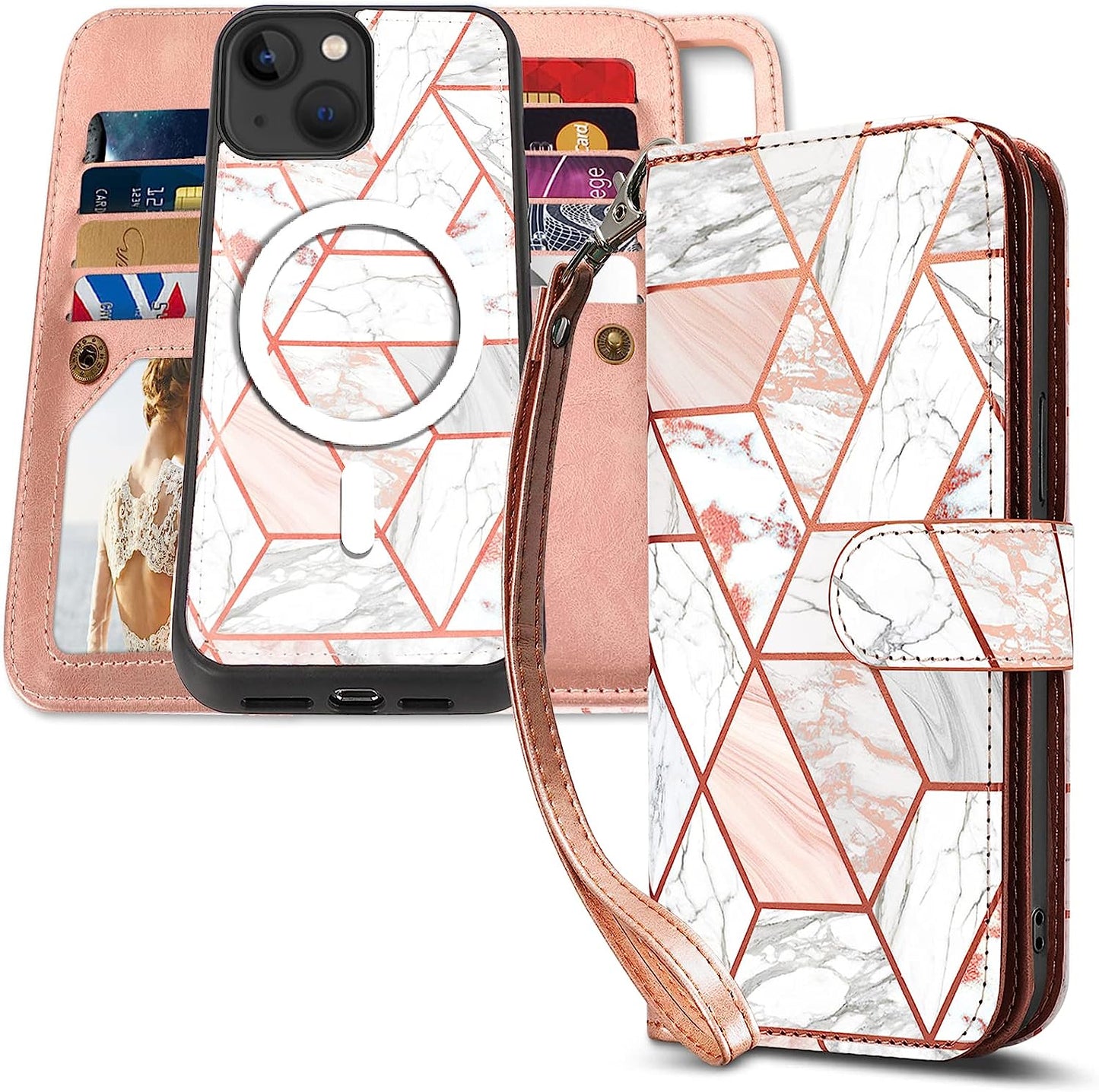 CASEOWL Compatible for Iphone 14 plus Case Wallet, Support Magsafe Charger, Magnetic Detachable Folio Leather Lanyard Wallet Case with 9 Card Slots[Rfid Blocking], Strap, TPU Case for Man Women-Black  CASEOWL Marble Pink [for iPhone 14 Plus]  