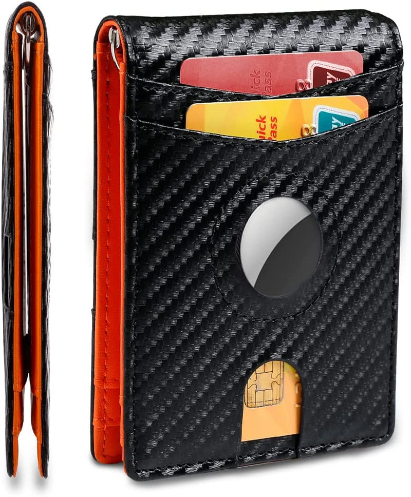 YQGWVFI Airtag Men'S Wallet with Money Clip, RFID Blocking, Slim and Minimalist Design, Holds up to 12 Cards, with Gift Box  Kaiman Carbon Black and Orange  