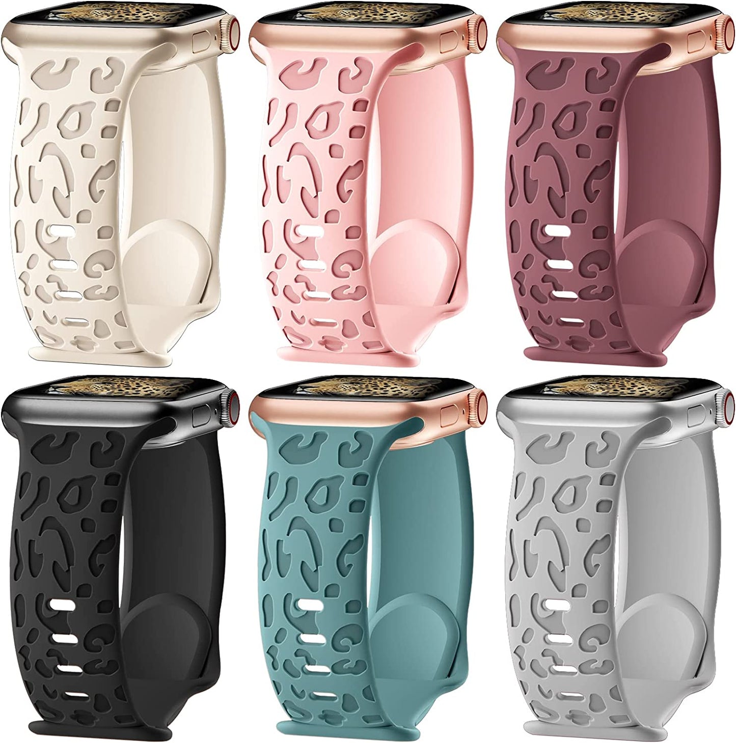 6 Pack Leopard Engraved Bands Compatible with Apple Watch Band 40Mm 44Mm 38Mm 45Mm 49Mm 42Mm Women Men,Waterproof Cheetah Sport Silicone Strap Wristbands for Iwatch SE Ultra Series 8 7 6 5 4 3 2 1  HEARTBOOM A-Black/Dark Pink/Cactus/Starlight/Smoke Violet/Gray 38mm/40mm/41mm 