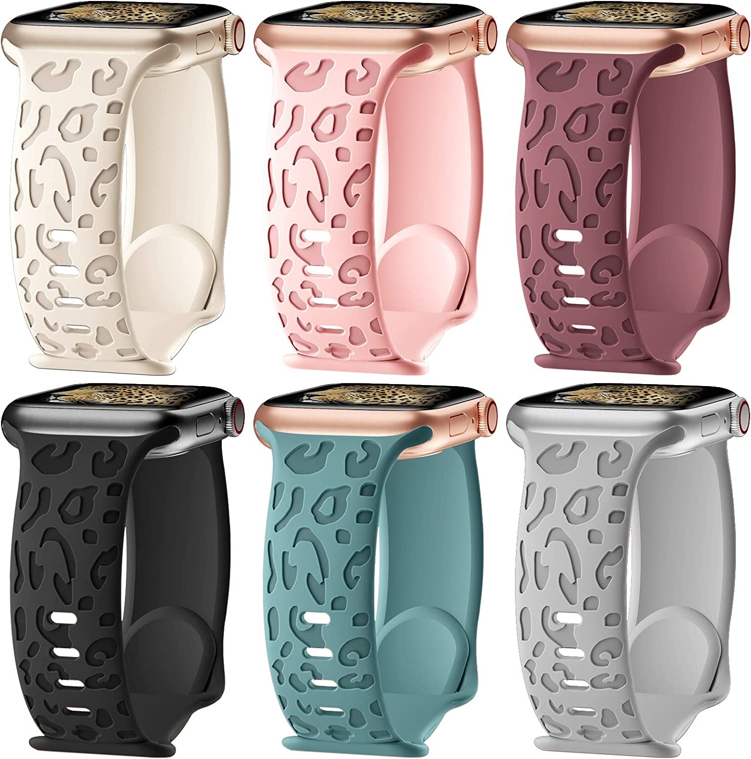 6 Pack Leopard Engraved Bands Compatible with Apple Watch Band 40Mm 44Mm 38Mm 45Mm 49Mm 42Mm Women Men,Waterproof Cheetah Sport Silicone Strap Wristbands for Iwatch SE Ultra Series 8 7 6 5 4 3 2 1  HEARTBOOM A-Black/Dark Pink/Cactus/Starlight/Smoke Violet/Gray 38mm/40mm/41mm 