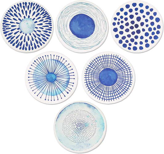 AD Set of 6 Coasters for Drinks Absorbing round Ceramic Stone Coaster with Cork Base,Tabletop Protection Mat for Mugs and Cups,Office,Kitchen (Blue Watercolor Series)  Acme Designs   