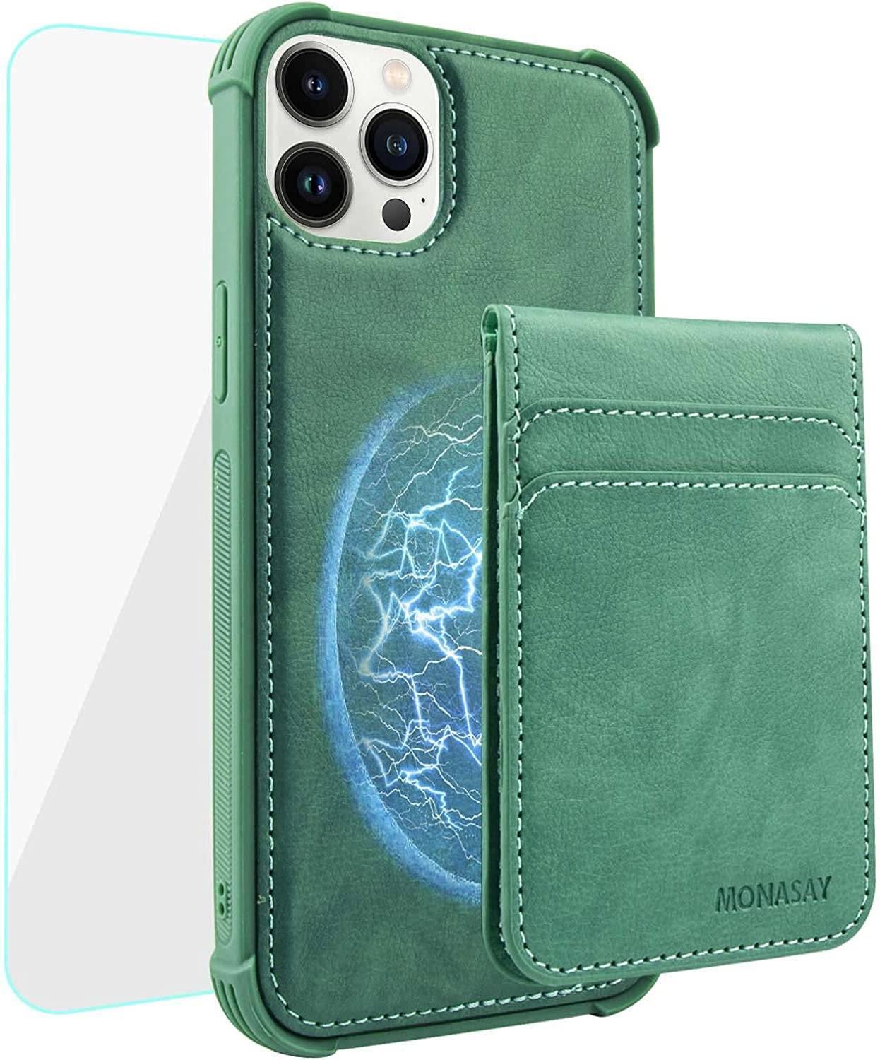 MONASAY Magwallet Case for Iphone 13 Pro Max,[Support Magsafe Wireless Charging][Glass Screen Protector] Flip Magnetic Leather Wallet Phone Cover with Detachable RFID Blocking Card Holder, Dark Green  MONASAY Light green  