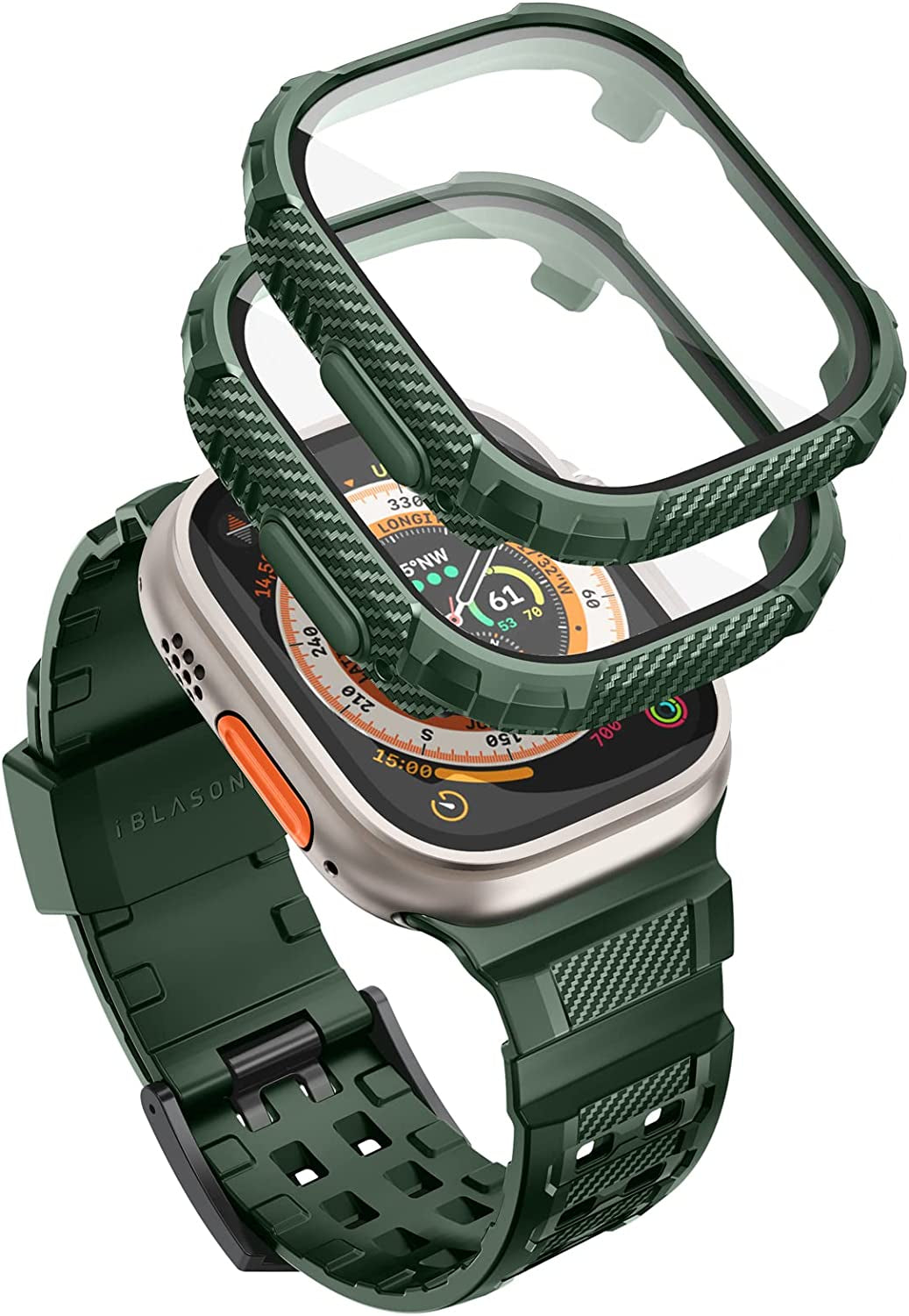 I-Blason Armorbox Compatible with Apple Watch Ultra Band [49Mm] for Apple Watch Ultra, Rugged TPU Watch Band & 2-Pack Bumper Cases [Built-In Tempered Glass Screen Protector] (Black, 49Mm)  i-Blason DarkGreen 49mm 