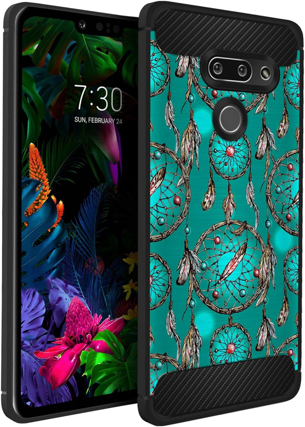 Casesondeck Case Compatible with [LG G8 Thinq/Lg G8] Tribal Floral Matte TPU Flexible Carbon Fiber Textured (Buffalo Western)  CasesonDeck Teal Dreamcatcher  