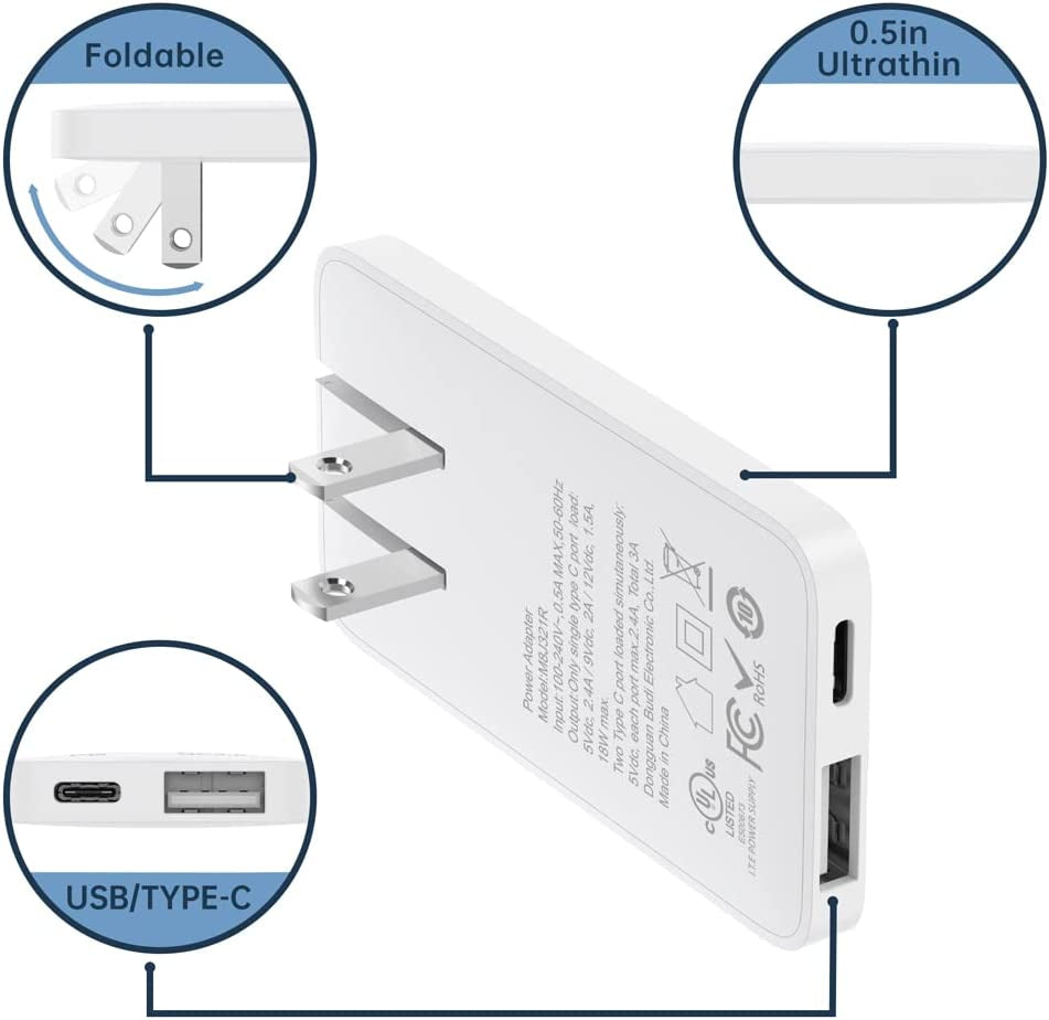 BUDI USB C Wall Charger, Slim Quick Plug, 20W Fast Charging Flat Dual Port USB Wall Plug, C Type Flat Wall Charger for Iphone 13/12 Iphone 11 Pro/Max and Samsung Galaxy Models (Dual USB-C USB-A)  BUDI   
