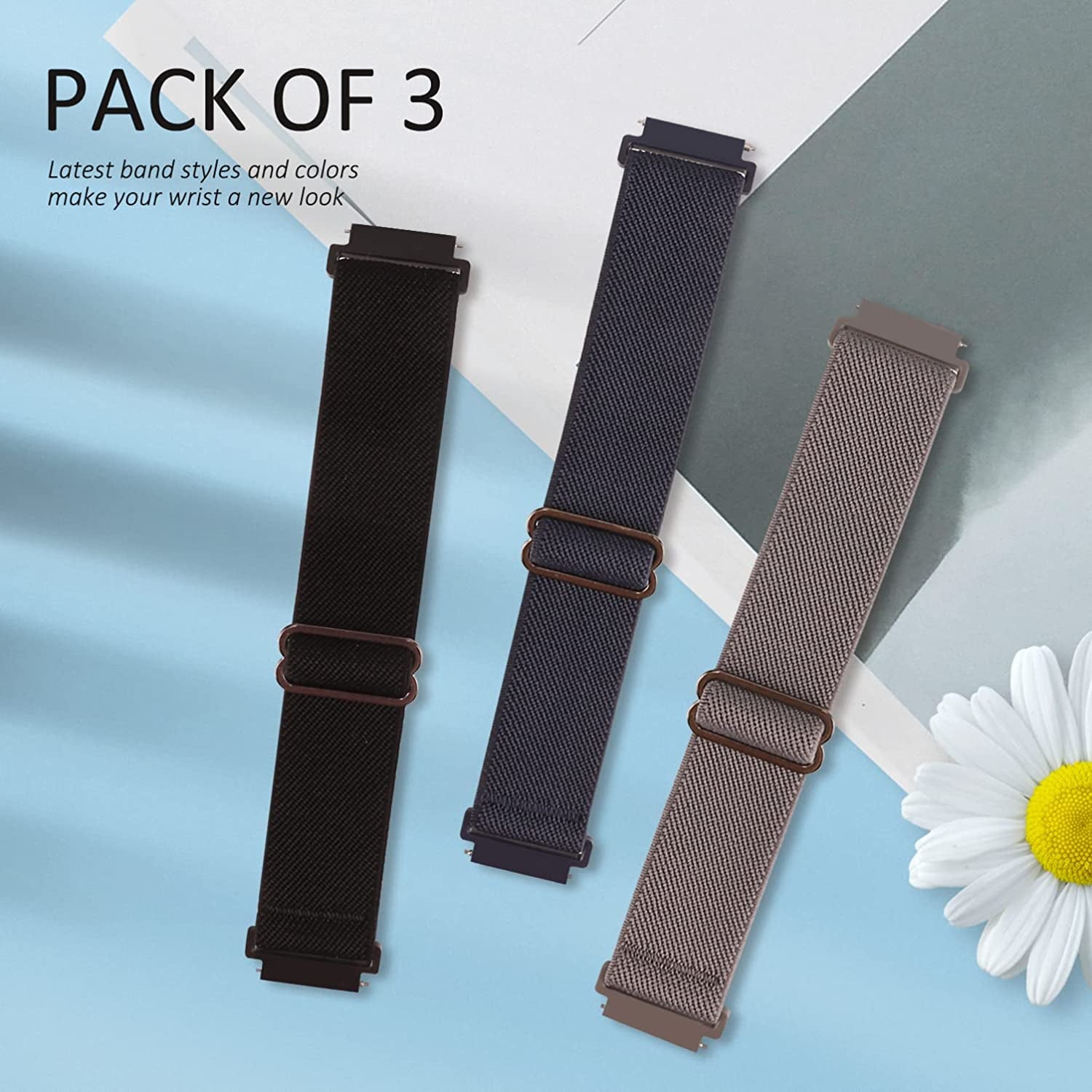 3 Pack Stretchy Nylon Watch Bands Compatible with Garmin Vivoactive 4,Venu 2,Forerunner 255/255 Music,22Mm Loop Elastic Straps for Amazfit GTR 4,GTR 3,GTR 2,Ticwatch Pro 3,Fossil Gen 5 for Women Men.  Bolesi   