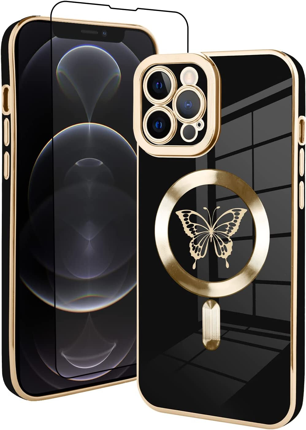 Fiyart Magnetic Case for Iphone 12 Pro Max Compatible with Magsafe Wireless Charging,Cute Love Heart Phone Case with Camera Screen Protector for Women Girls Men for Iphone 12 Pro Max 6.7"- White  Fiyart Black Butterflies  