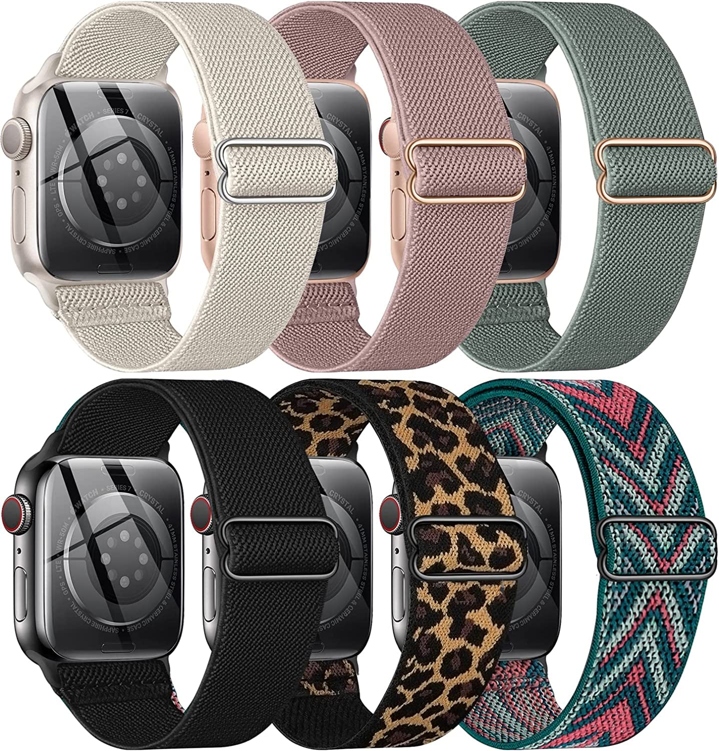 BELONGME 6 Packs Stretchy Nylon Solo Loop for Apple Watch Band Series Ultra SE 8 7 6 5 4 3 2 1 40Mm 38Mm 44Mm 42Mm 45Mm 41Mm 49Mm, Women and Men Sport Apple Watch Bands Replacement for Iwatch Bands  BELONGME A--Black/Rose Pink/Cactus/Starlight/Leopard/Green Arrow 45mm/44mm/42mm/49mm 