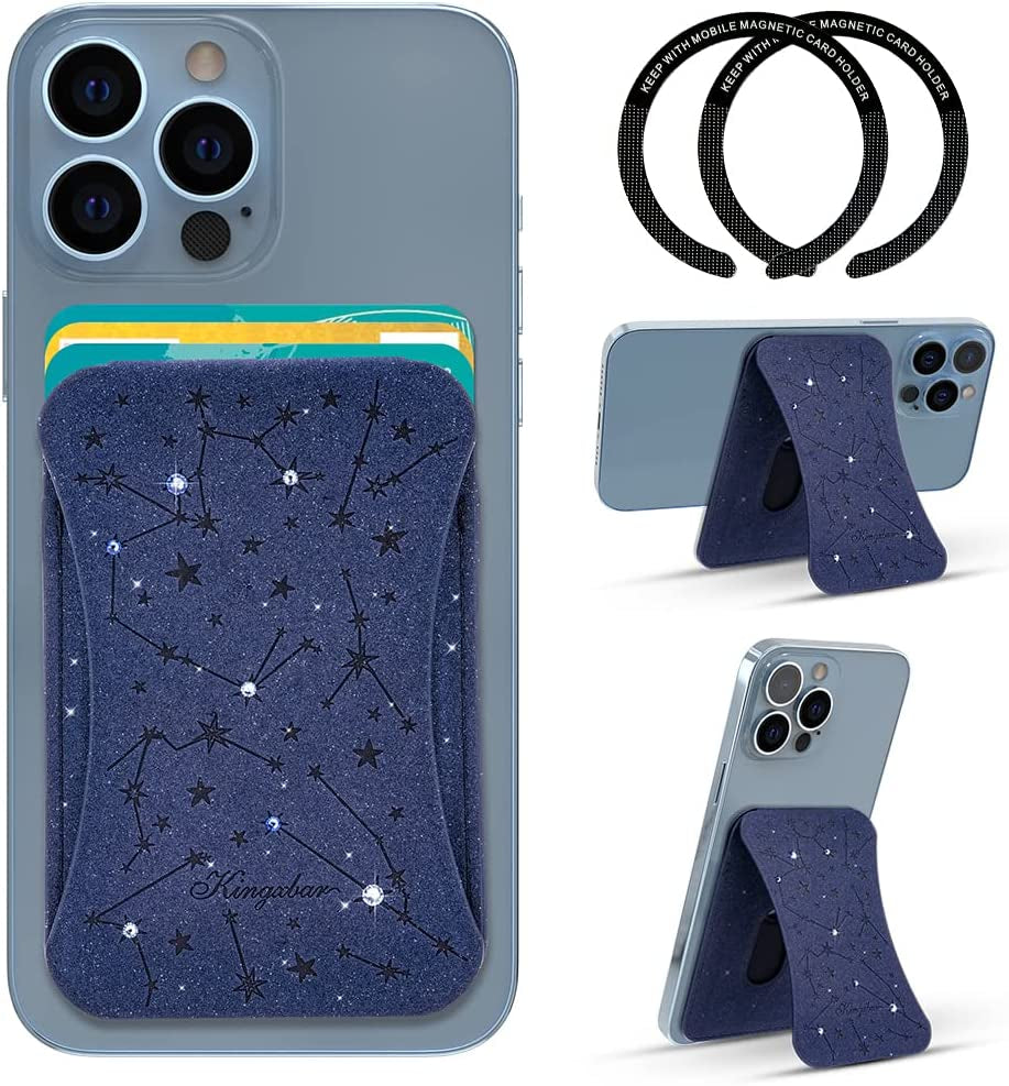 Magnetic Wallet Stand Card Holder Compatible with Magsafe for Iphone 11 12 13 14 Promax, Samsung Galaxy S22 23 Ultra, with Extra 2 Megnet Rings, Blue  KINGXBAR   