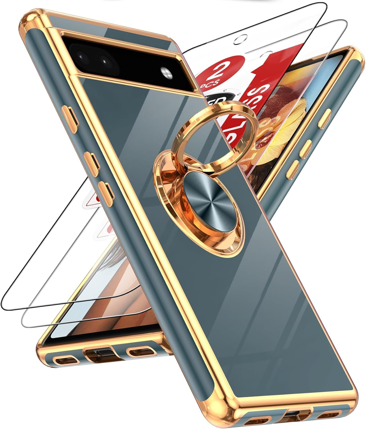 Leyi for Pixel 6A Case: with Tempered Glass Screen Protector [2 Pack] 360° Rotatable Ring Holder Magnetic Kickstand, Plating Rose Gold Edge Protective Google Pixel 6A Case, Pink  LeYi Gray Google Pixel 6A 