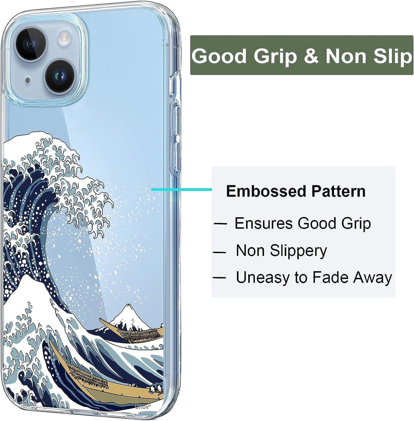Unov Case Compatible with Iphone 14 plus Case Clear with Design Embossed Pattern Soft TPU Bumper Slim Protective 6.7 Inch (Great Wave)  Unov   