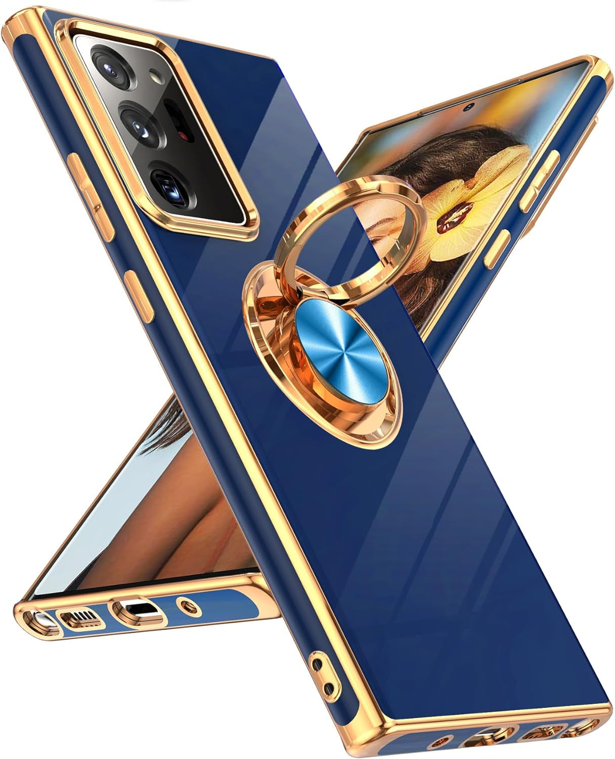 Leyi for Samsung Galaxy Note 20 Ultra Case: 360° Rotatable Ring Holder Magnetic Kickstand, Plating Rose Gold Edge Protective Samsung Galaxy Note 20 Ultra Case, Black  LeYi Blue  