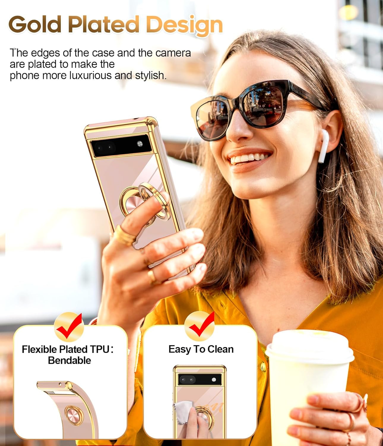 Leyi for Pixel 6A Case: with Tempered Glass Screen Protector [2 Pack] 360° Rotatable Ring Holder Magnetic Kickstand, Plating Rose Gold Edge Protective Google Pixel 6A Case, Pink  LeYi   