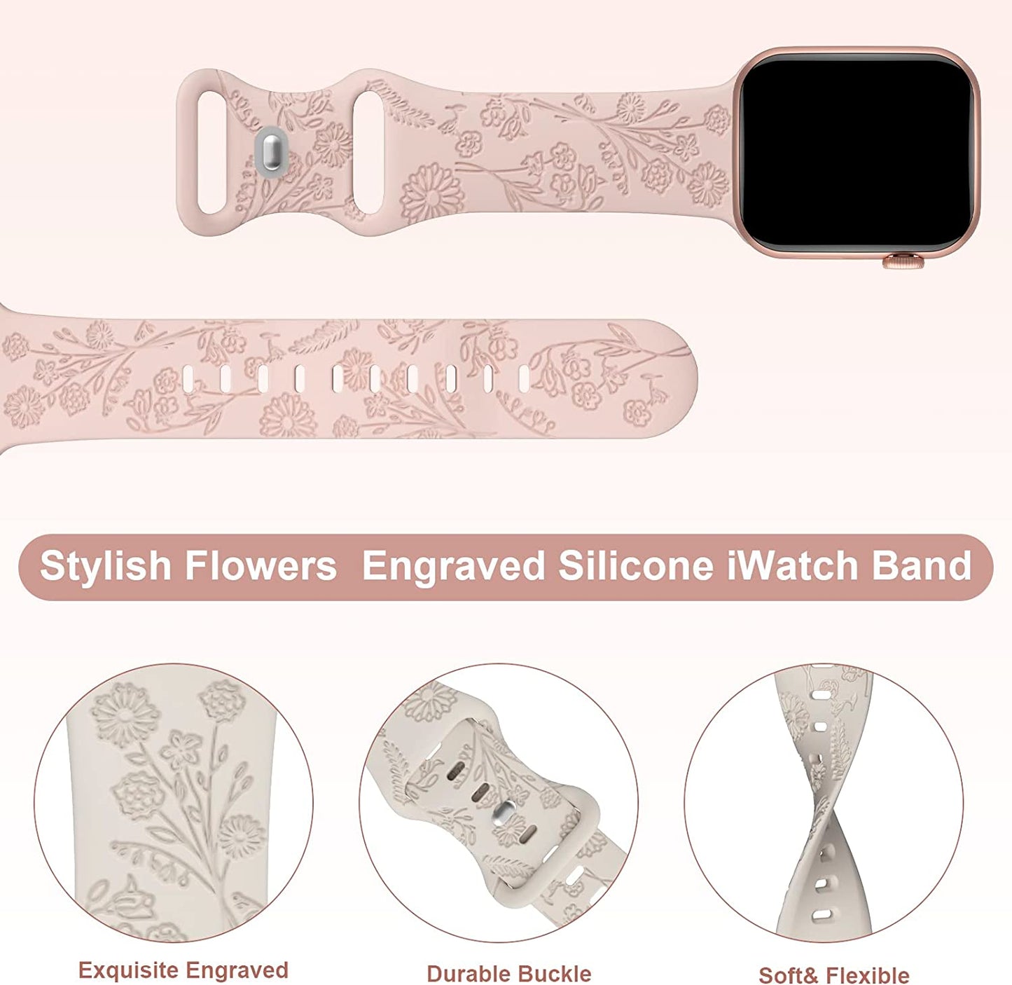 Keebowz 4 Pack Flower Engraved Silicone Band Compatible with Apple Watch Band 38Mm 40Mm 41Mm 42Mm 44Mm 45Mm 49Mm, Women Soft Floral Strap Sport Wristbands for Iwatch Series 8/7/6/5/4/3/2/1/Se/Ultra  Keebowz   