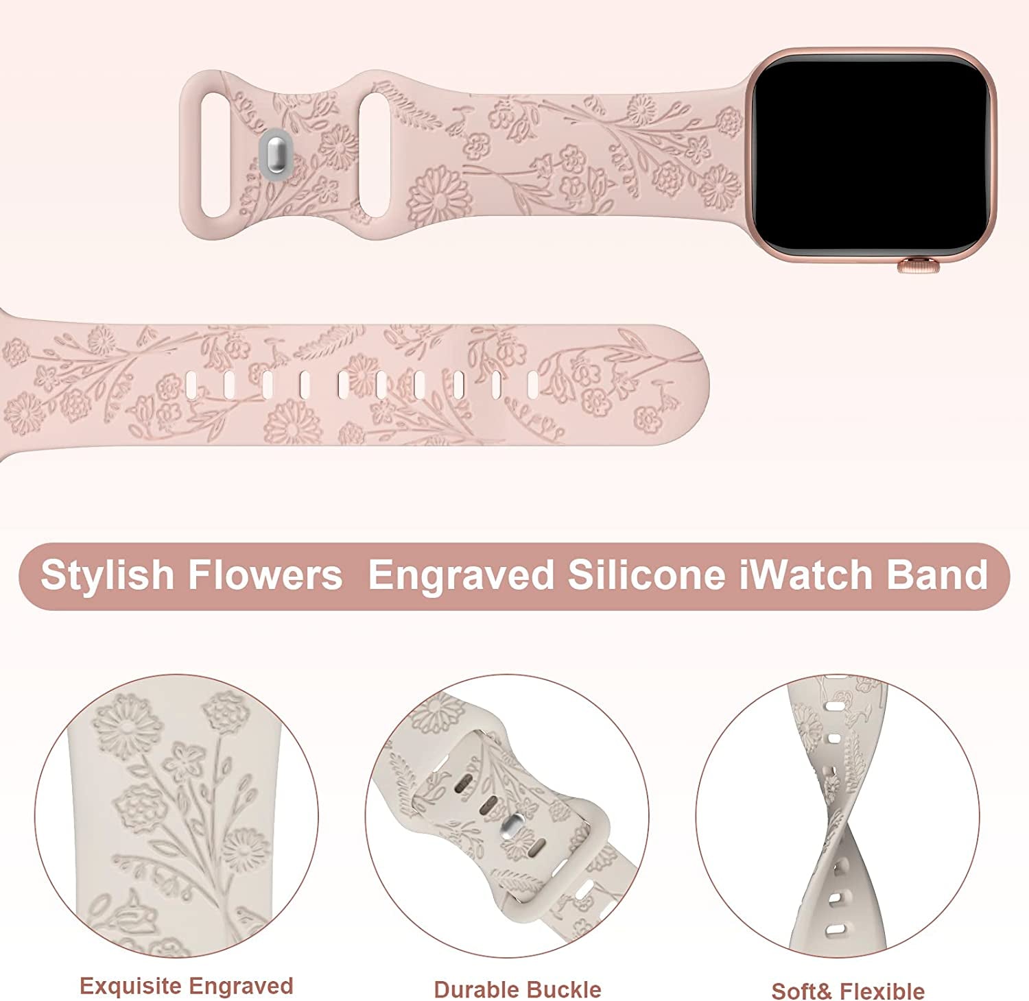Keebowz 4 Pack Flower Engraved Silicone Band Compatible with Apple Watch Band 38Mm 40Mm 41Mm 42Mm 44Mm 45Mm 49Mm, Women Soft Floral Strap Sport Wristbands for Iwatch Series 8/7/6/5/4/3/2/1/Se/Ultra  Keebowz   