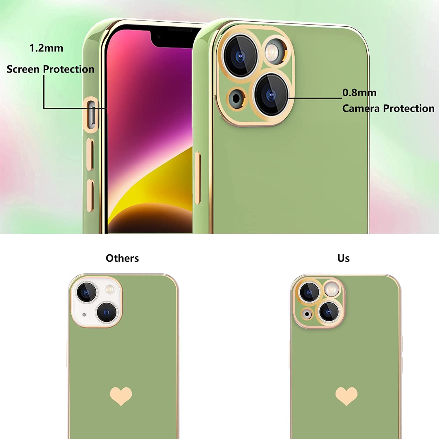 Tksafy for Iphone 14 Case, Cute Love Heart Pattern for Women Girls with Camera Protection, Anti-Scratch Plating Soft TPU Shockproof Bumper Phone Cover for Apple Iphone 14 6.1-Inch 2022, Light Green  Tksafy   