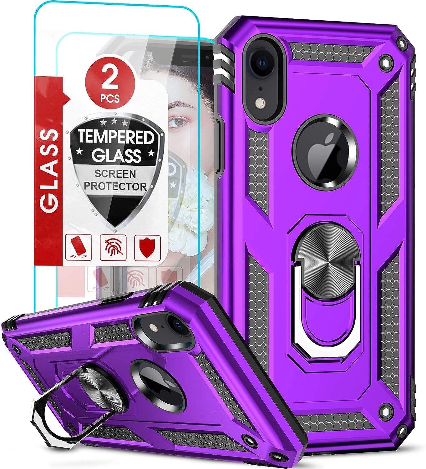 Leyi for Iphone XR Case, Iphone XR Case with Stand and [2PCS] Tempered Glass Screen Protector for Men, Heavy Duty Protective Hard Case with Metal Ring for Apple Iphone 10 XR, Black  LeYi Purple  
