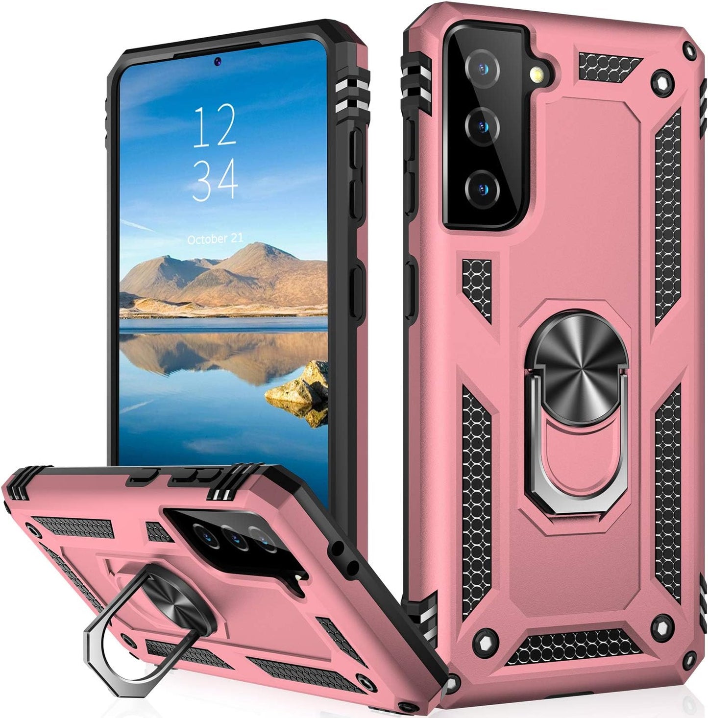 IKAZZ Galaxy S21 Case,Samsung S21 Cover Military Grade Shockproof Heavy Duty Protective Phone Case Pass 16Ft Drop Test with Magnetic Kickstand Car Mount Holder for Samsung Galaxy S21 Black  IKAZZ Rose Gold Galaxy S21 Plus (Medium 6.7") 