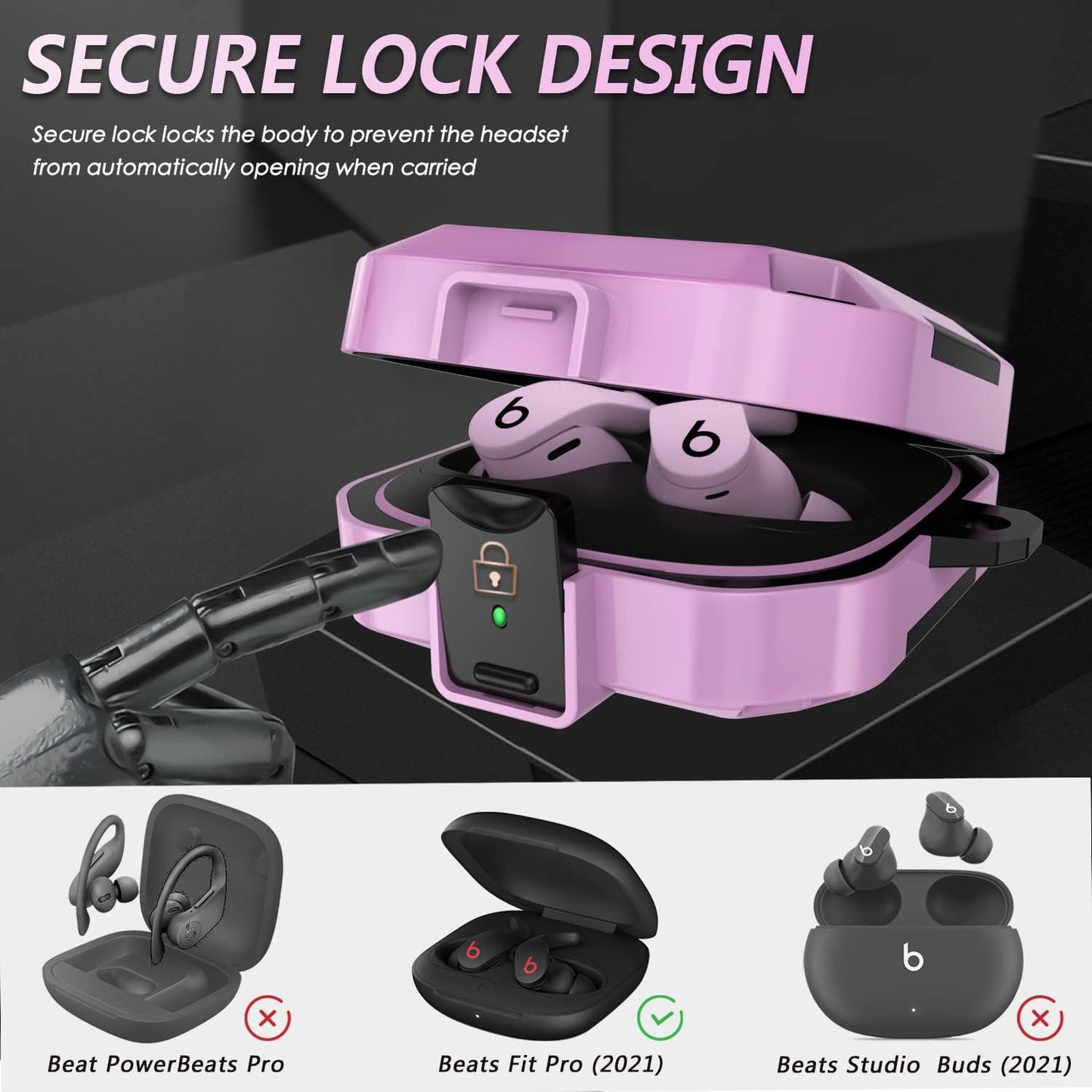Secure Lock Case for Beats Fit Pro 2021, Carbon Fiber Texture Beats Fit Pro Earbuds Case Cover with Anti-Lost Keychain/Storage Box/Cleaning Brush/Wrist Strap (Pinkish Purple)  Mooyavia   