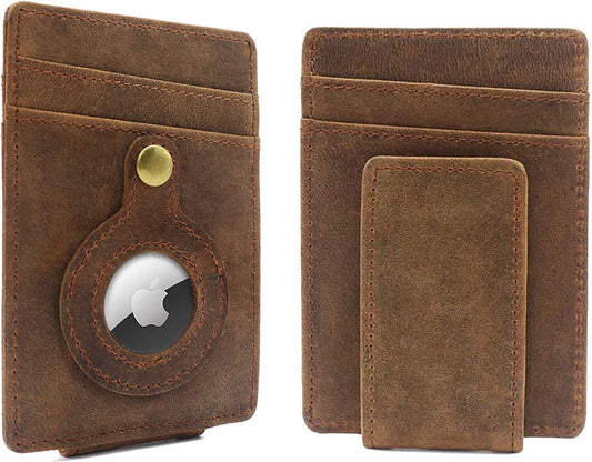 SUOHU Airtag Wallet for Men, Slim Minimalist Front Pocket Wallet with Built-In Case Holder for Airtag, Leather Magnetic Money Clip Air Tag Wallet for Men, RFID Blocked Smart Airtag Wallet (Brown)  SUOHU   