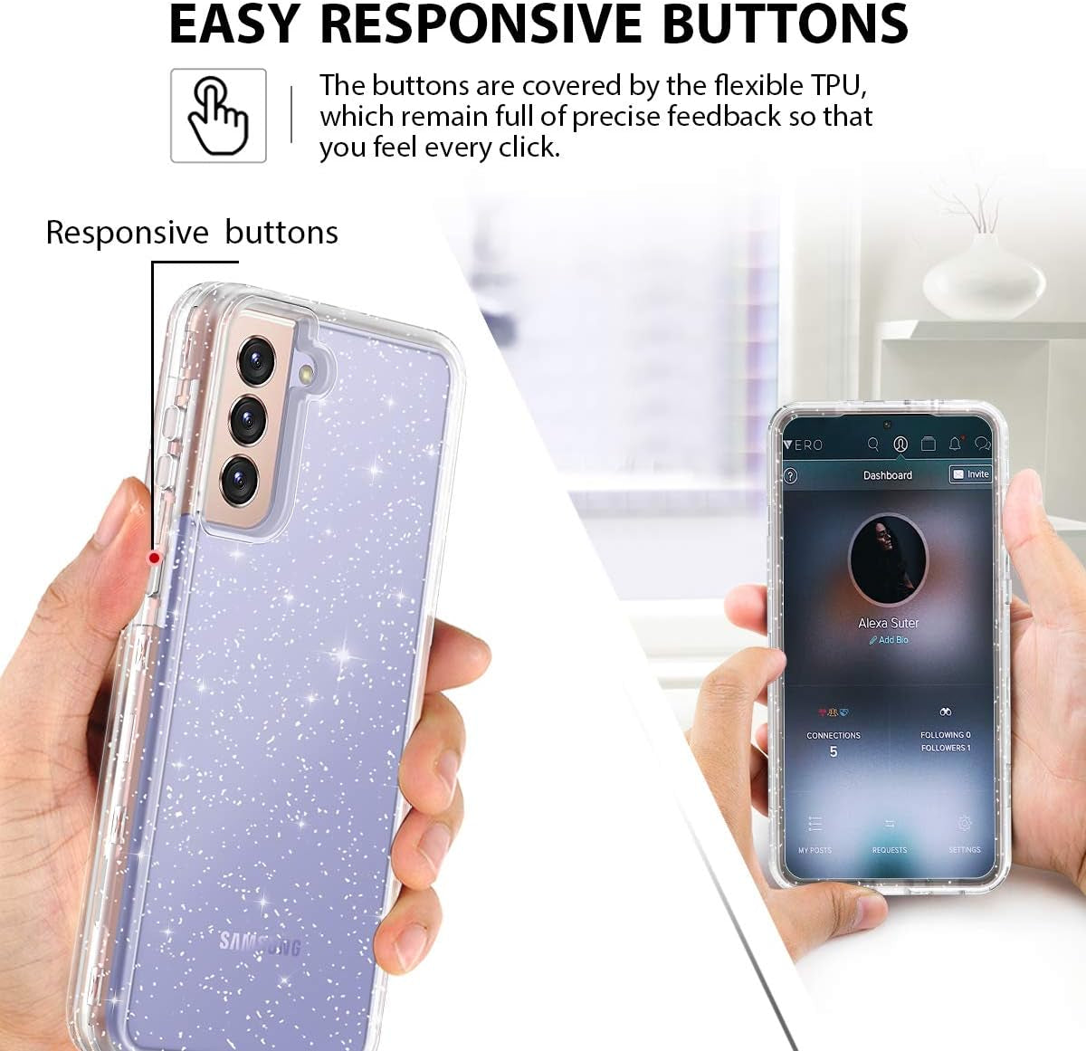 Lamcase for Galaxy S21 5G Case, Crystal Clear Glitter Sparkly Bling Heavy Duty Shockproof Hybrid Three Layer Protective Cover Case for Samsung Galaxy S21 5G 6.2 Inch (2021), Clear/Silver Glitter  Lamcase   