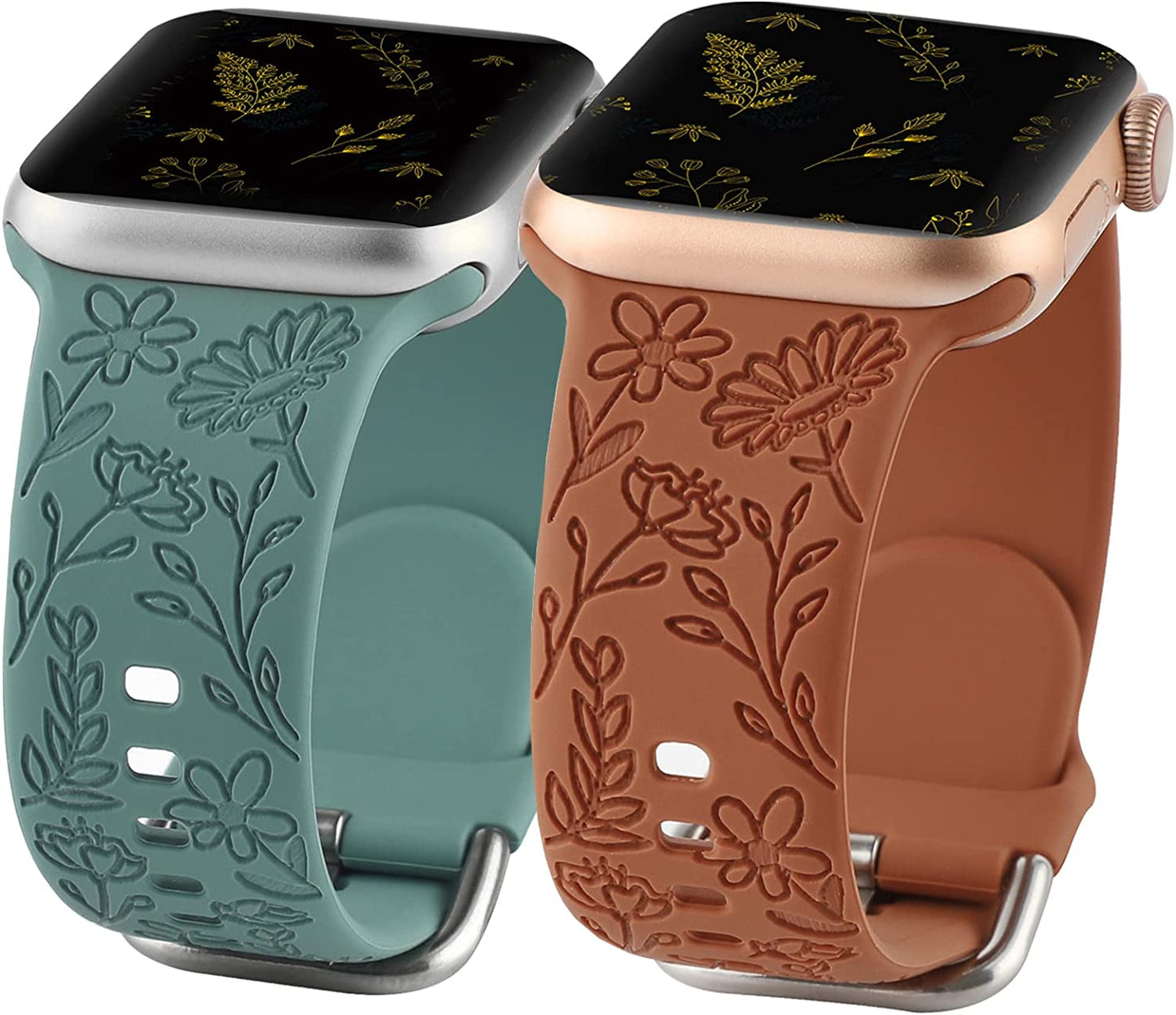 2 Pack Flower Engraved Sport Strap Compatible with Apple Watch Bands 38Mm 40Mm 41Mm, Women Floral Laser Soft Silicone Wristband Replacement Iwatch Series 8 7 6 5 4 3 2 1 SE  TERKOWQI Green Brown 38/40/41mm 