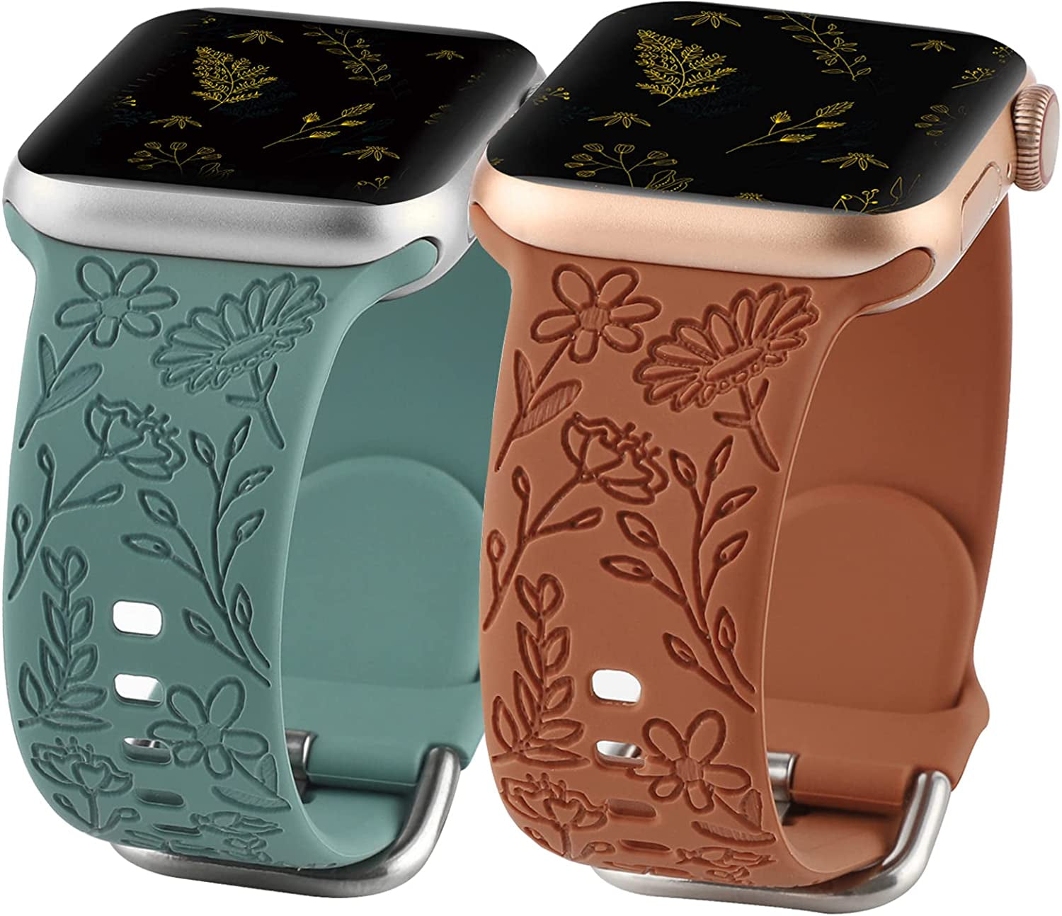2 Pack Flower Engraved Sport Strap Compatible with Apple Watch Bands 38Mm 40Mm 41Mm, Women Floral Laser Soft Silicone Wristband Replacement Iwatch Series 8 7 6 5 4 3 2 1 SE  TERKOWQI Green Brown 38/40/41mm 