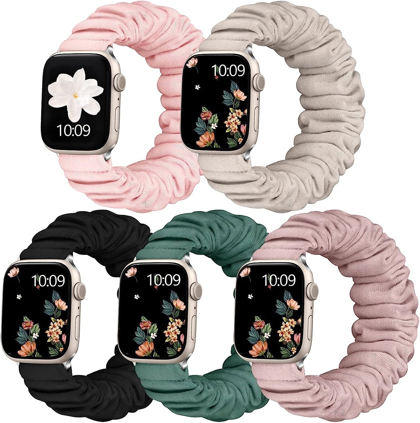 Adorve 5 Pack Scrunchie Bands Compatible with Apple Watch Band 38Mm 40Mm 41Mm 42Mm 44Mm 45Mm 49Mm for Women, Cute Fabric Scrunchy Adjustable Elastic Strap for Iwatch SE Ultra Series 8 7 6 5 4 3 2 1  Adorve   