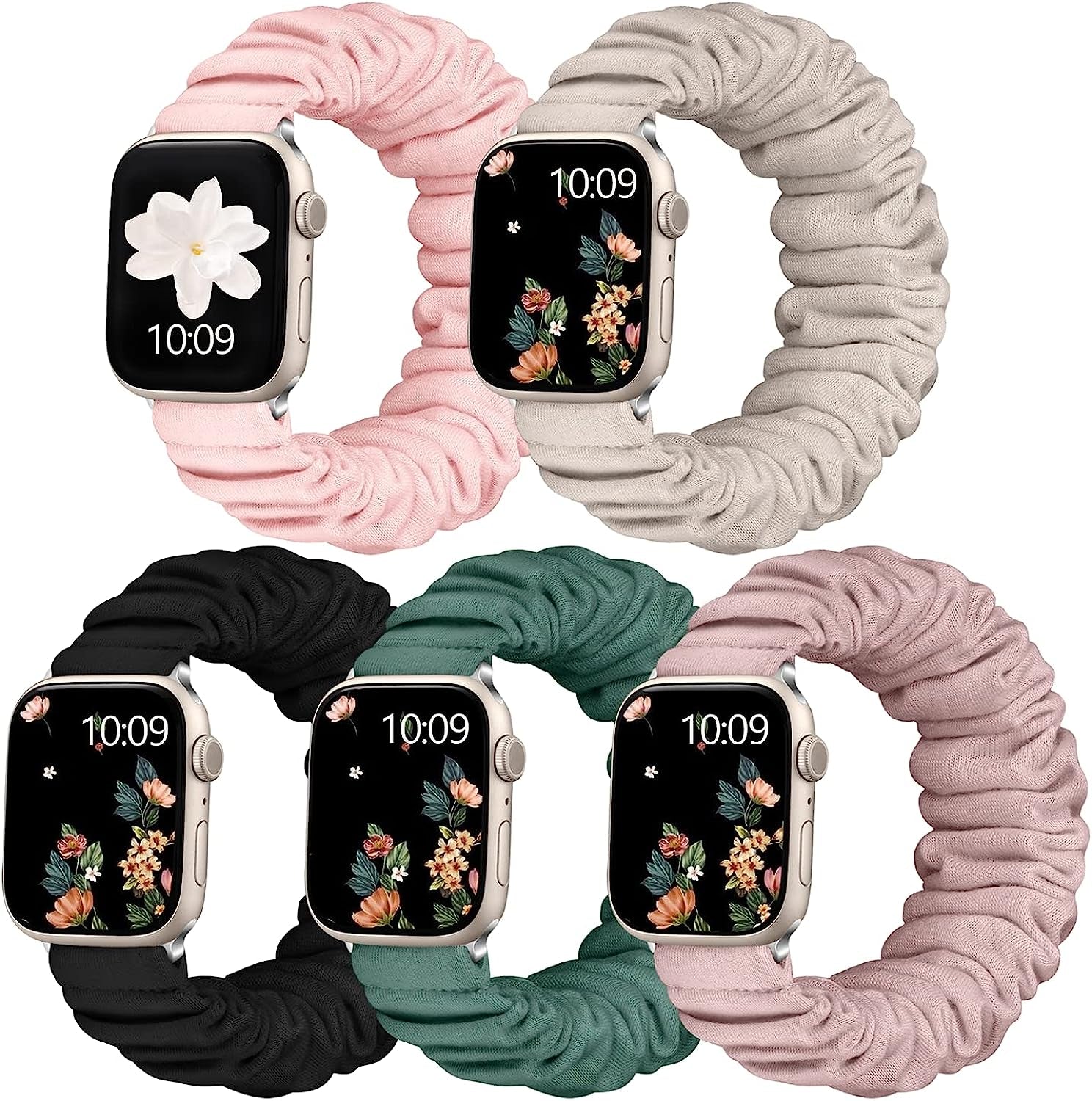 Adorve 5 Pack Scrunchie Bands Compatible with Apple Watch Band 38Mm 40Mm 41Mm 42Mm 44Mm 45Mm 49Mm for Women, Cute Fabric Scrunchy Adjustable Elastic Strap for Iwatch SE Ultra Series 8 7 6 5 4 3 2 1  Adorve   