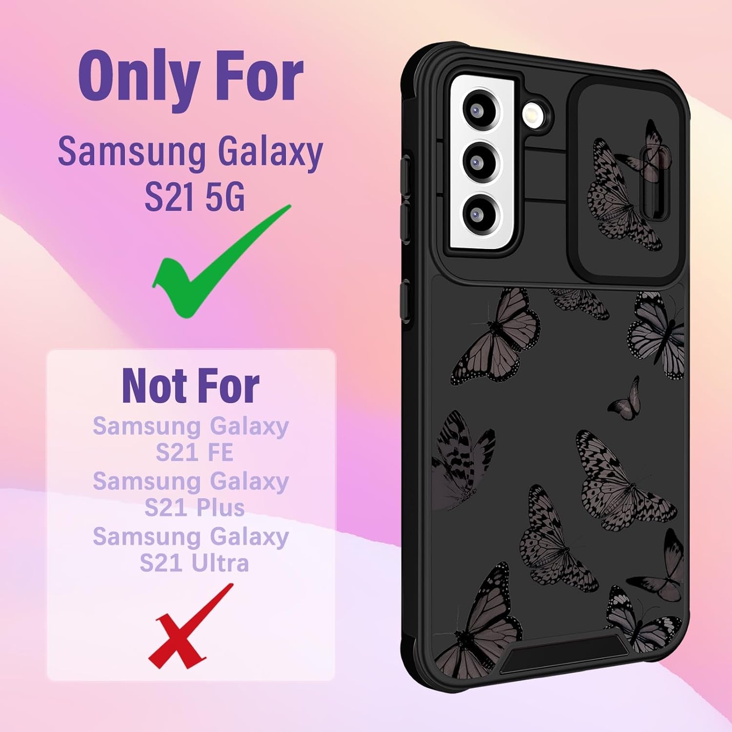 Funermei (2In1 for Samsung Galaxy S21 Case for Women Butterfly Cute Girls Phone Cover Girly Pretty Aesthetic Kawaii Black Butterfly Design with Camera Cover + Ring Stand Funda for Galaxy S21 5G Case  Funermei   