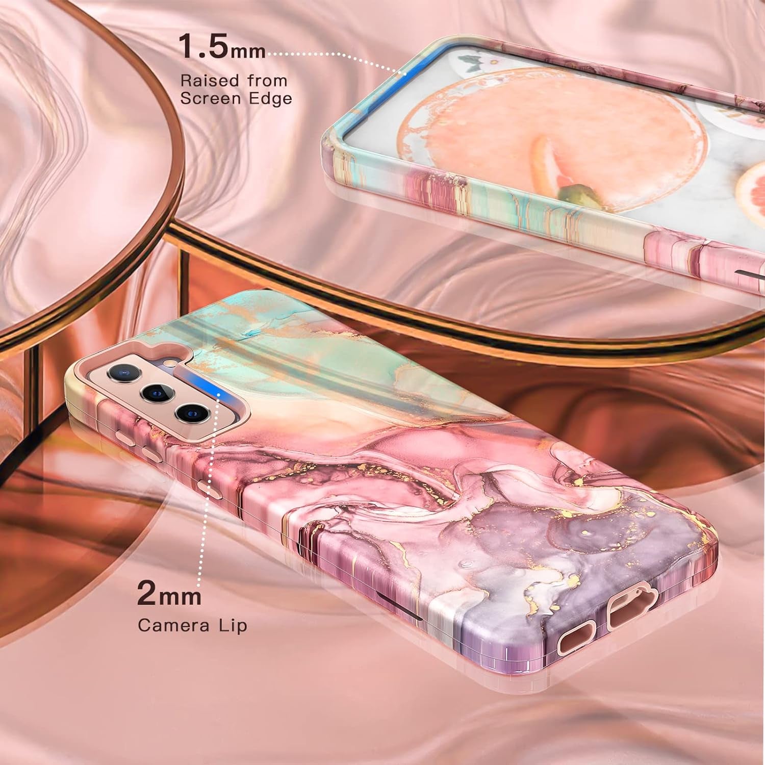 Galaxy S21 plus Case: Marble Pattern 3-In-1 Heavy Duty Shockproof with Rugged Hard PC & Soft Silicone, Rose Gold  Btscase   