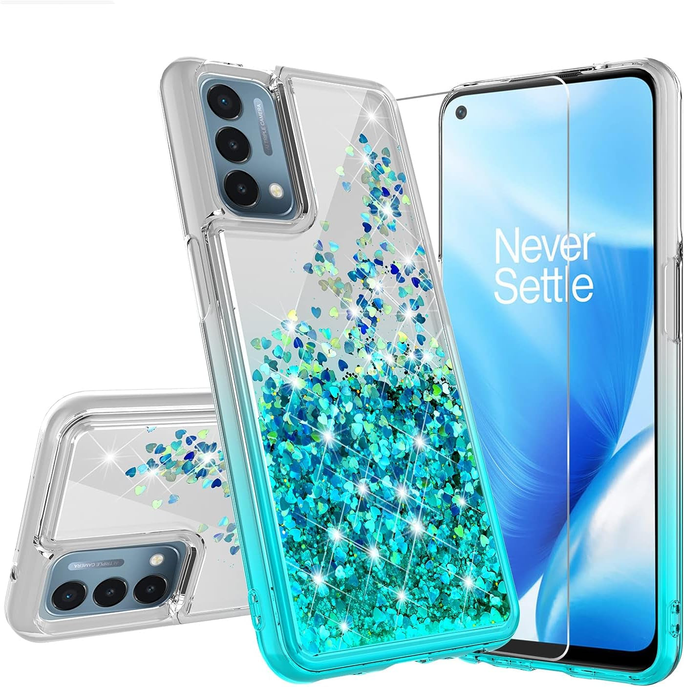 Case for Oneplus Nord N200 5G with Tempered Glass Screen Protector Sparkle Glitter Flowing Liquid Quicksand for Women Girls Cute Phone Case Cover - Aqua/Clear  Galaxy Wireless   
