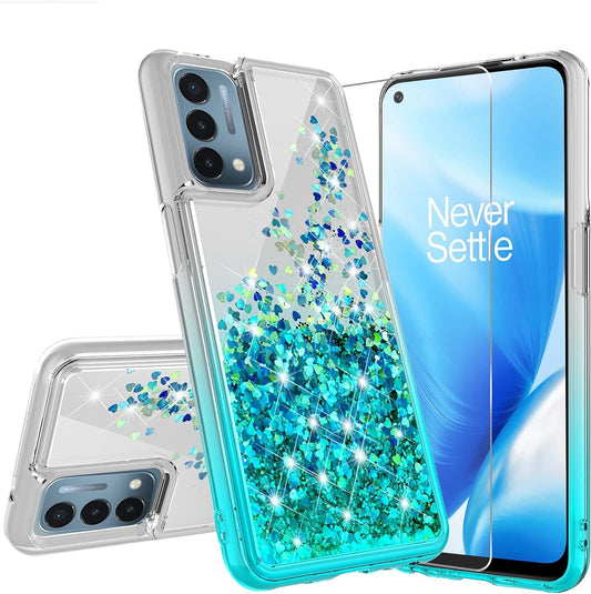 Case for Oneplus Nord N200 5G with Tempered Glass Screen Protector Sparkle Glitter Flowing Liquid Quicksand for Women Girls Cute Phone Case Cover - Aqua/Clear  Galaxy Wireless   