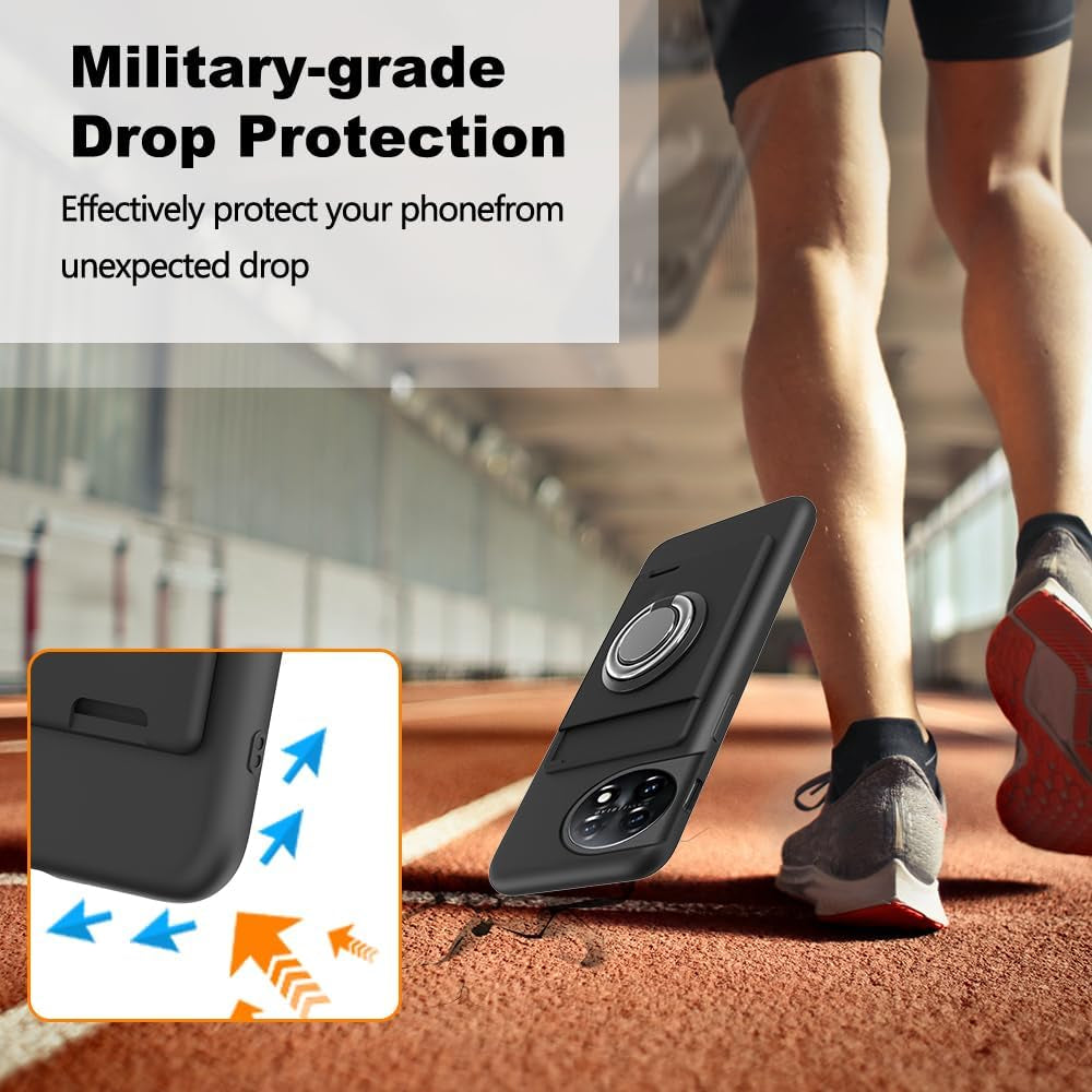 Anneey for Oneplus 11 5G Phone Case with Tempered Glass Screen Protector, Card Holder with Ring Stand Case for 1+ 11 5G Cover - Black  Anneey   