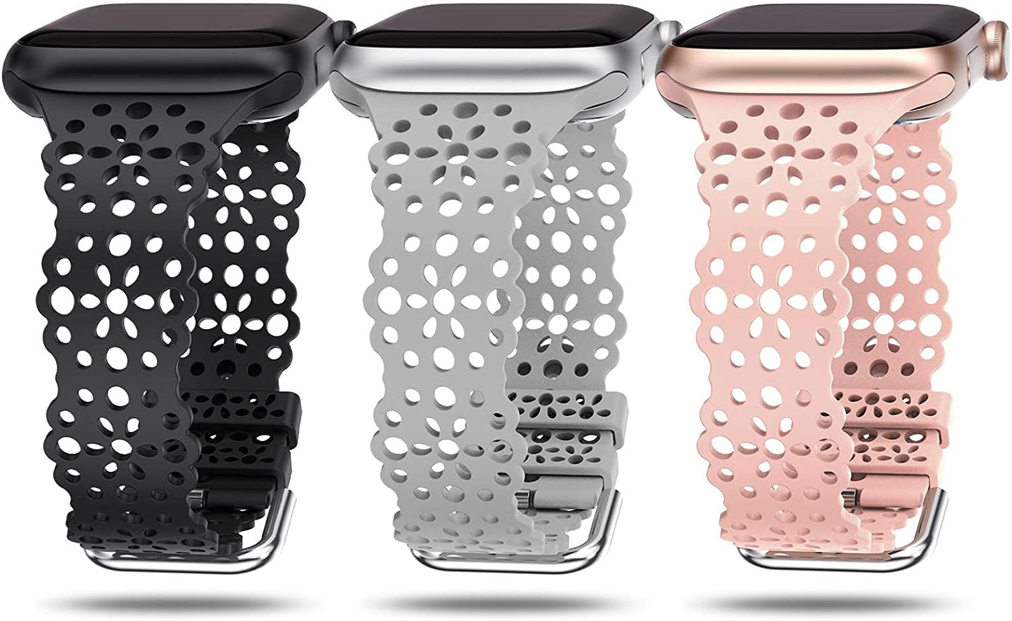 TOYOUTHS Compatible with Apple Watch Band Women 41Mm 40Mm 38Mm Soft Stretchy Silicone Lace Flower Cut-Outs Scalloped Breathable Waterproof Lacy Band for Iwatch Series 8 7 6 5 4 3 2 1 SE  TOYOUTHS Black/Pink Sand/Grey 49/45/44/42mm 