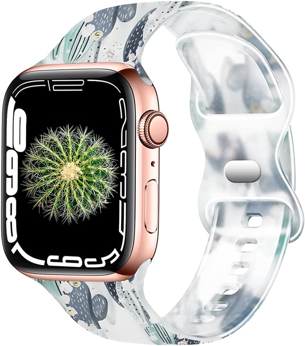 Creategreat Transparent Bands Compatible with Apple Watch Bands 41Mm 40Mm 38Mm 45Mm 44Mm 42Mm for Women Men, Clear Silicone Printed Fadeless Pattern Replacement Strap for Iwatch SE & Series 8,7,6,5,4,3,2,1  CreateGreat Cactus 41MM/40MM/38MM 