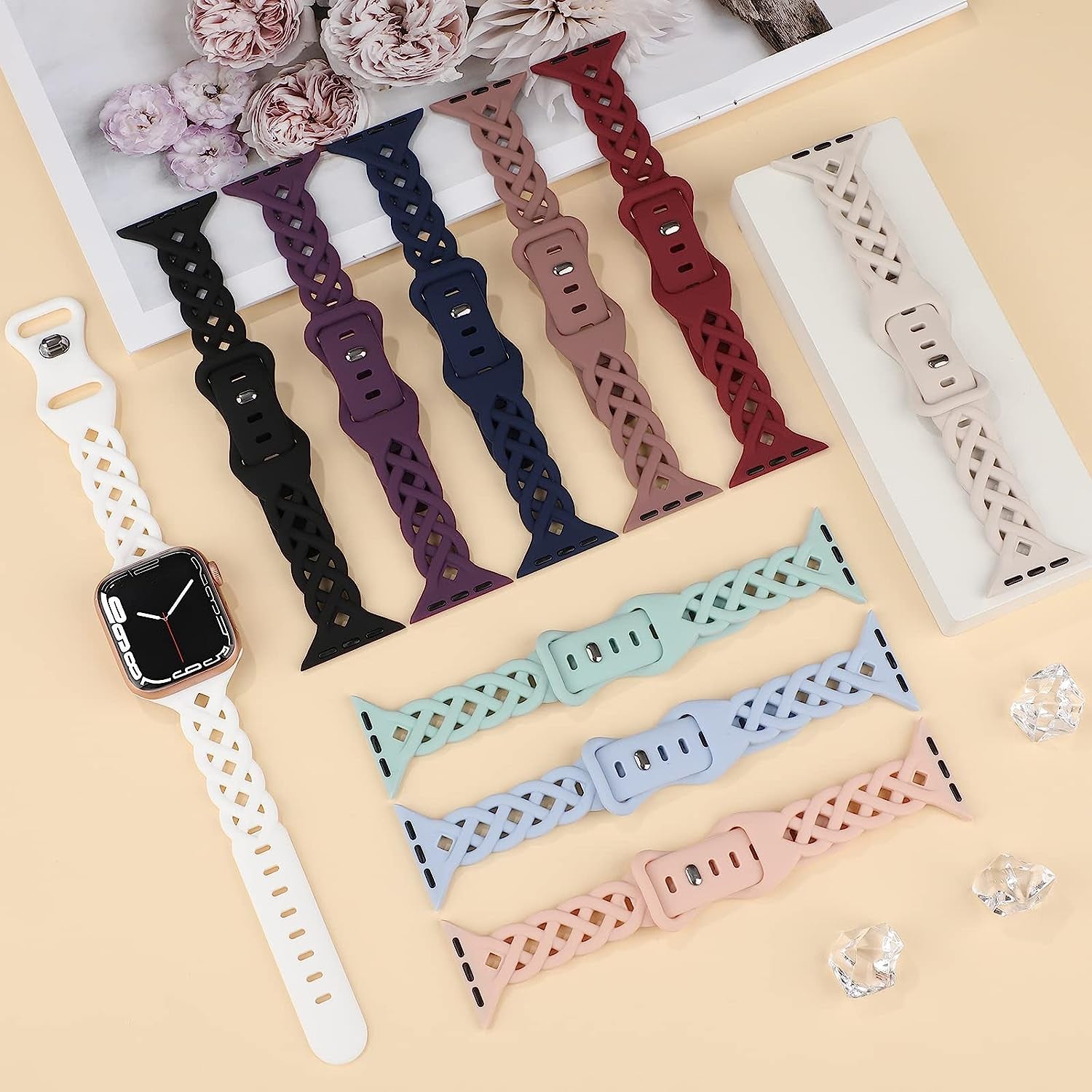 Braided Silicone Bands Compatible with Apple Watch 38Mm 40Mm 41Mm for Women, Slim Thin Narrow Hollow-Out Replacement Strap Cute Wristbands Adjustable for Iwatch Series SE 8/7/6/5/4/3/2/1 Women 2 Pack  Bandiction   