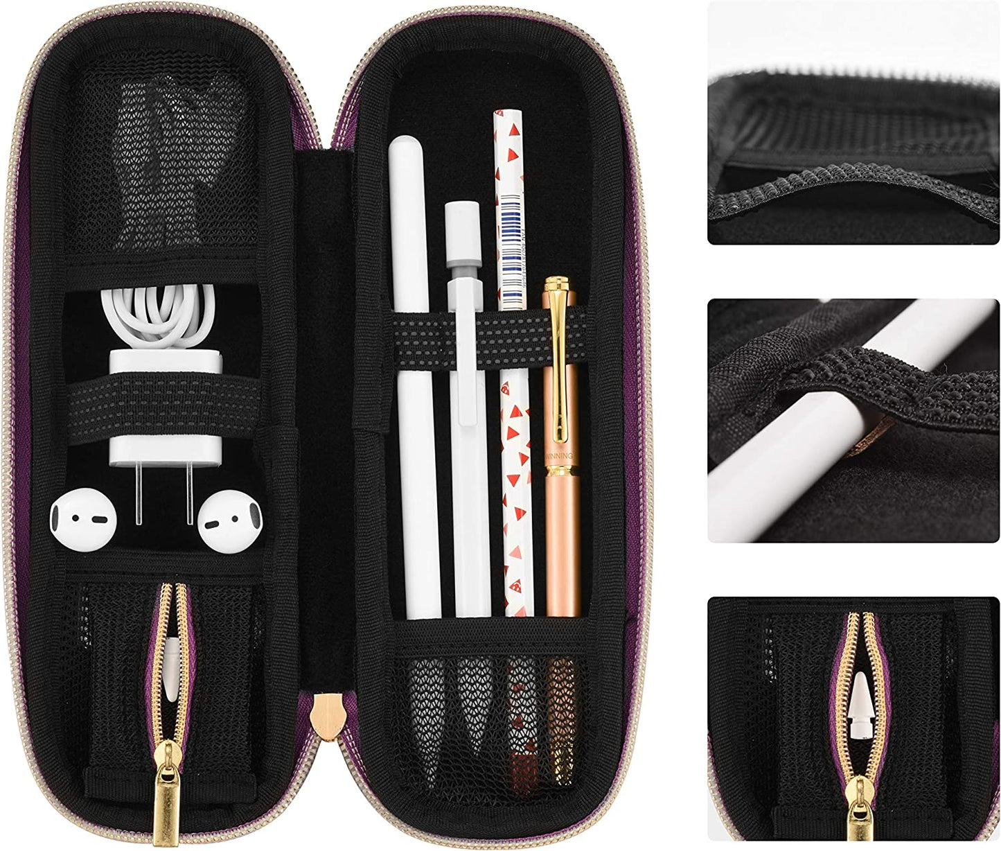 Comfyable Pencil Holder Pencil Case for Apple Pencil, Pen Accessories Elastic Strap Sleeve Protective Carrying Case for USB Cable Airpods with Mesh Pockets, Purple Glitter  Comfyable   