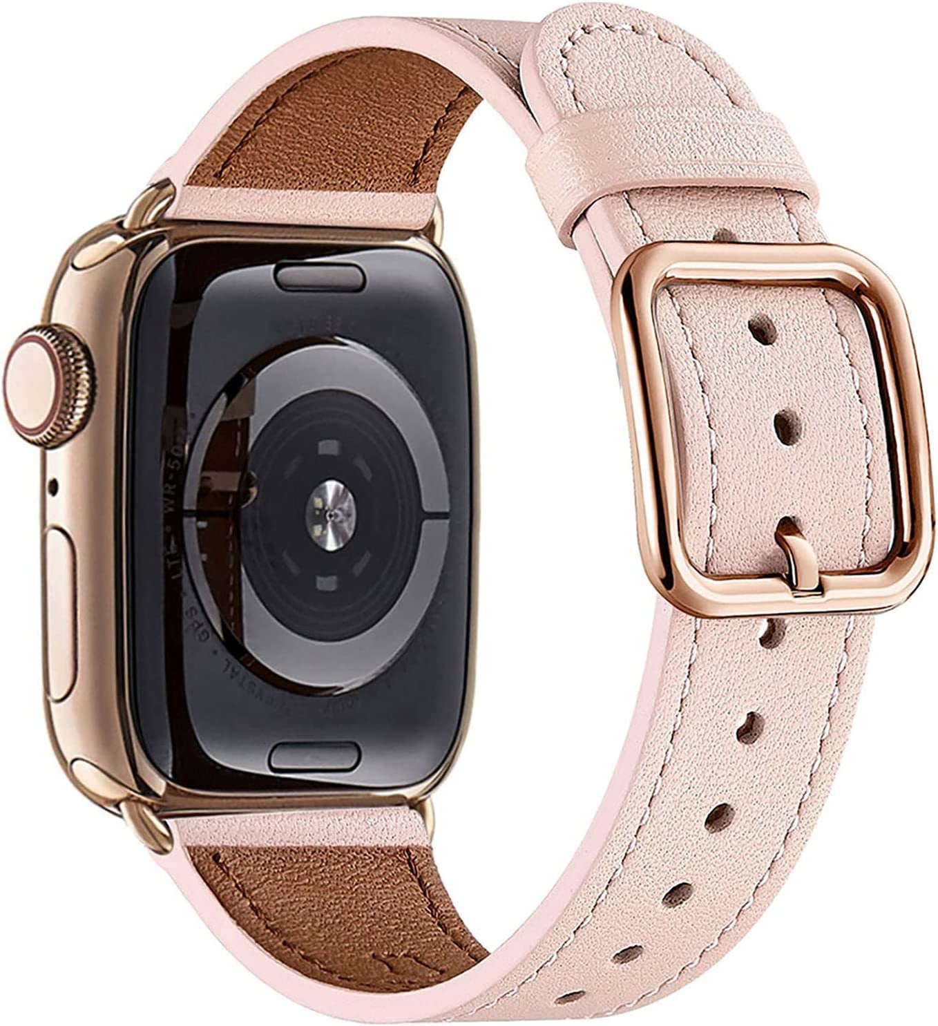 MNBVCXZ Compatible with Apple Watch Band 38Mm 40Mm 41Mm 42Mm 44Mm 45Mm 49Mm Women Men Girls Boys Genuine Leather Replacement Strap for Iwatch Series 8 7 6 5 4 3 2 1 Iwatch Ultra SE (Pink Sand/Rose Gold)  MNBVCXZ-US Pink Sand/Rose gold 42mm 44mm 45mm 49mm 