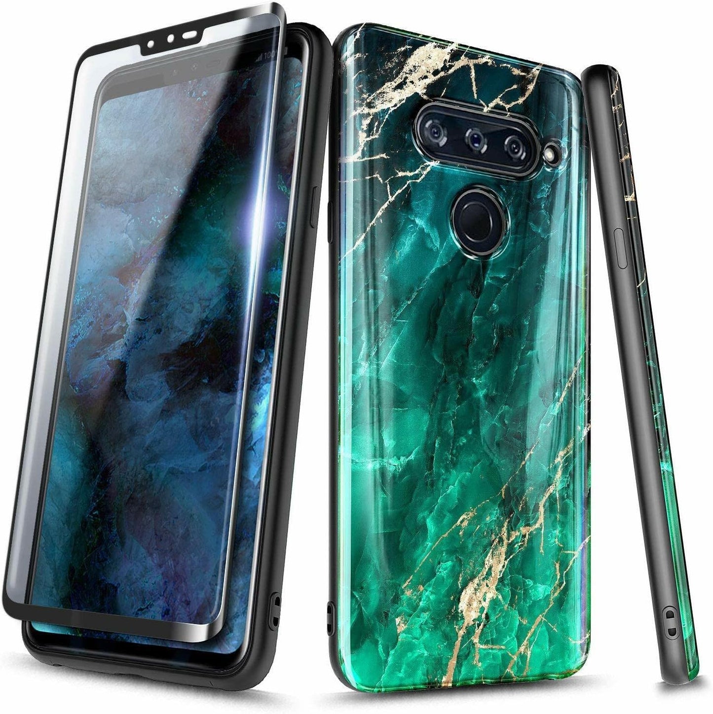 NZND Case for LG V40, LG V40 Thinq with Tempered Glass Screen Protector (Maximum Coverage), Ultra Slim Thin Glossy Stylish Protective, Marble Design Phone Case Cover -Green  NZND   