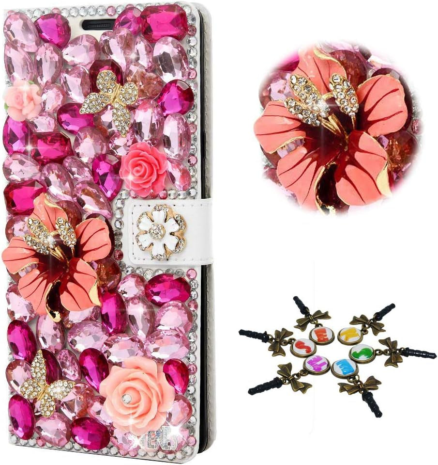 STENES Bling Case Compatible with LG V30 - Stylish - 3D Handmade Pretty Sunshine Flower Butterfly Design Magnetic Wallet Leather Cover Compatible with LG V30 / LG V30 plus - Purple  STENES Flowers Butterfly / Red  