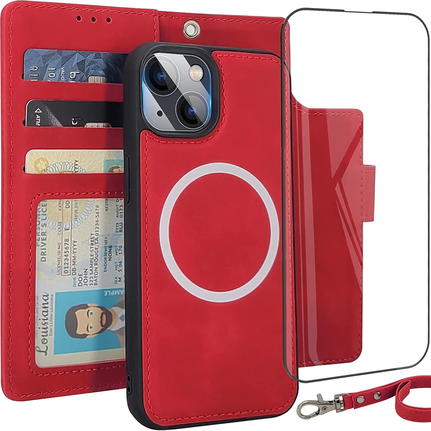 CAVOKAS Case Wallet for Iphone 14 Pro Wallet Case, 6.1 Inch Magnetic Detachable Leather Flip Case with Card Holders, Compatible with Magsafe Wireless Charging Kickstand Phone Cover RFID Block, Blue  CAVOKAS Red iPhone 14 