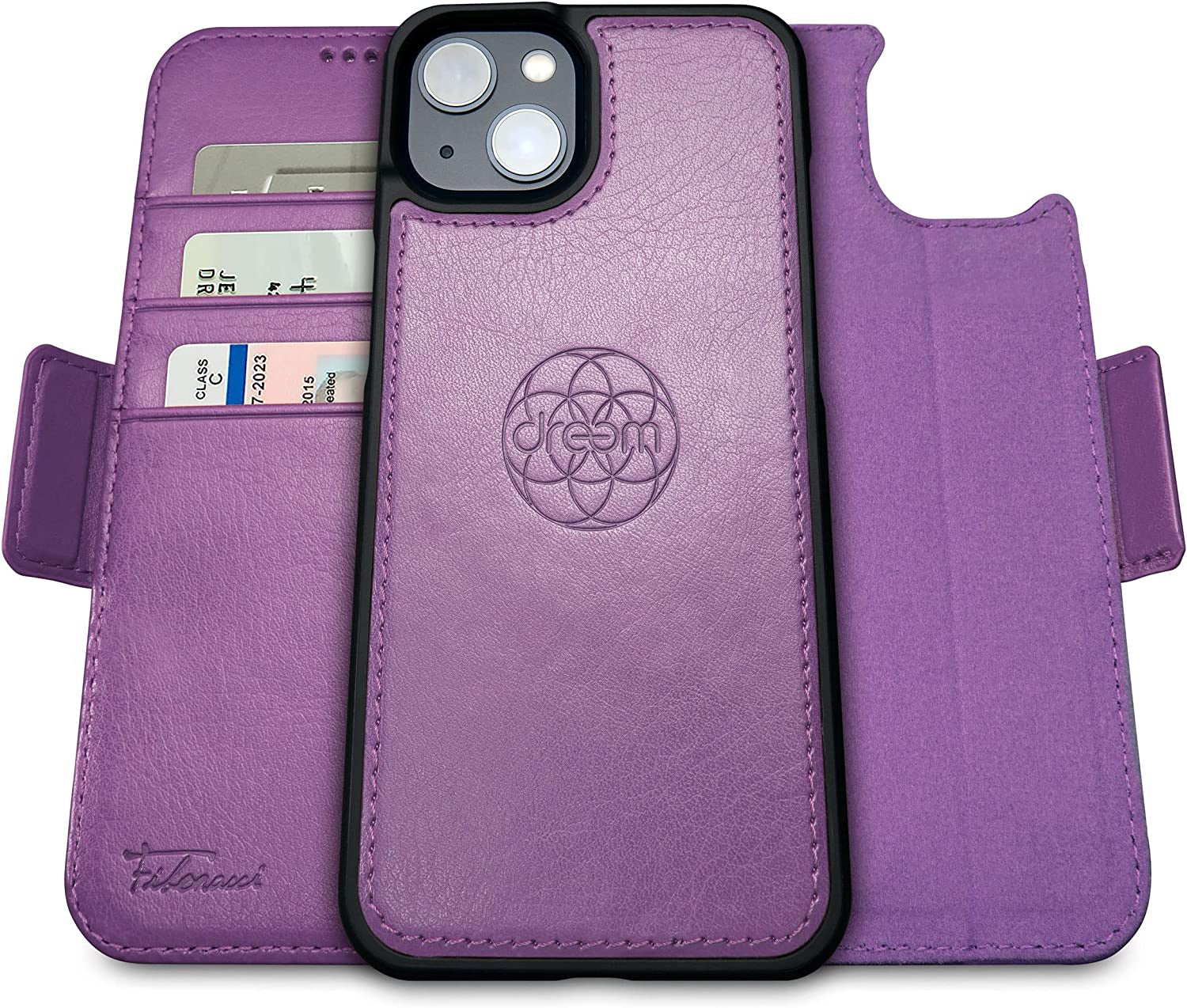 Dreem Fibonacci 2-In-1 Wallet Case for Apple Iphone 14 plus - Luxury Vegan Leather, Magnetic Detachable Shockproof Phone Case, RFID Card Protection, Magsafe Compatible - Black  dreem Purple iPhone 14 Plus 