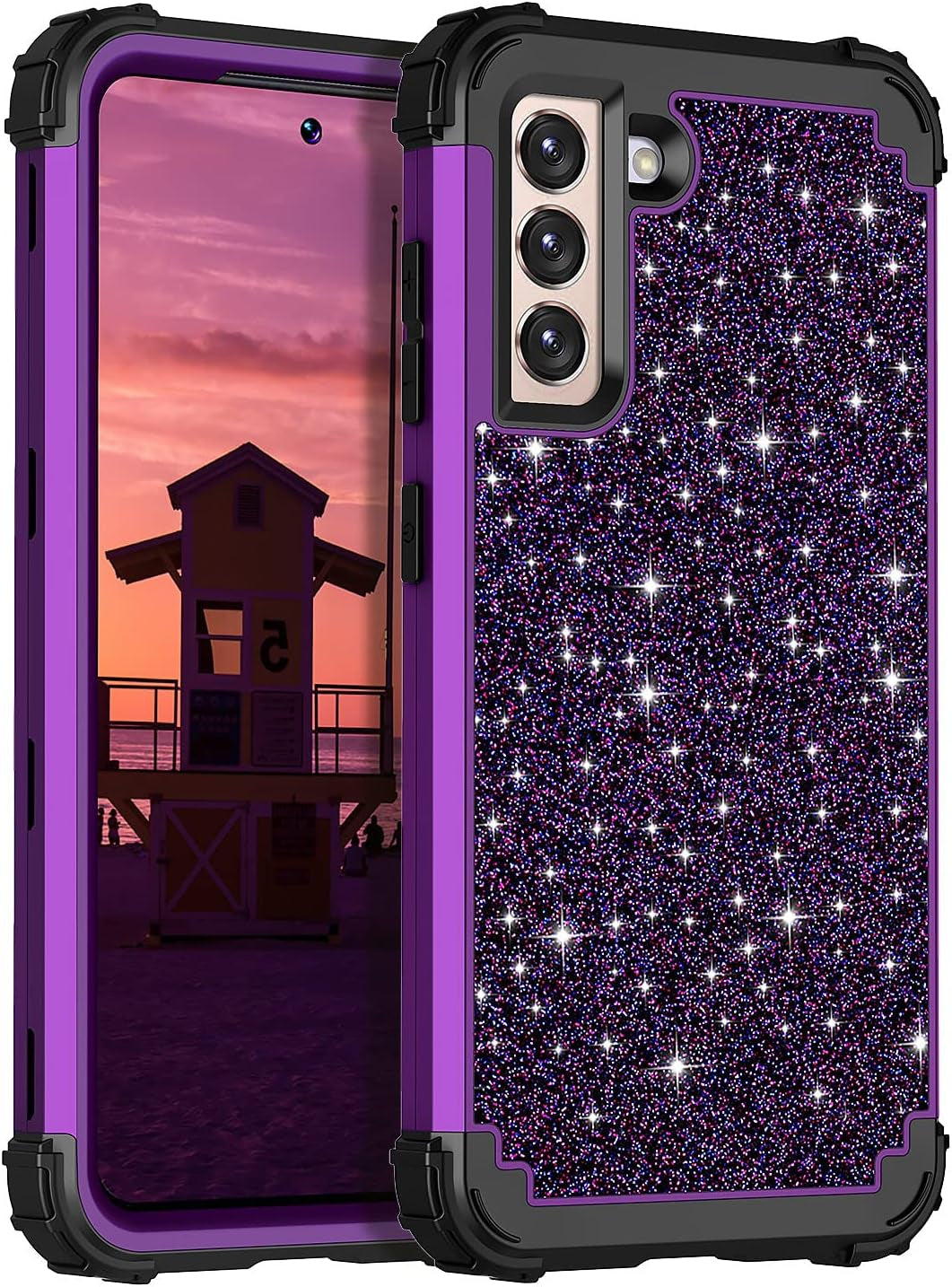 Casetego for Galaxy S21 5G Case,Floral Three Layer Heavy Duty Sturdy Shockproof Soft Tpu+Hard PC Protective Cover Case for Samsung Galaxy S21 5G 6.2 Inch,Orange/Black  Casetego Shiny Purple  