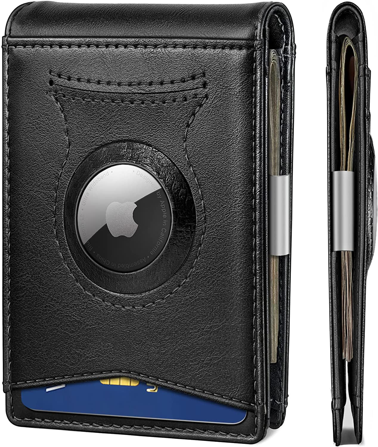 KS Mens Wallet for Airtag or Standard Use, Slim Front Pocket Wallet Money Clip 11 Cards RFID Blocking,No Hole  KS Black2833 Alaska Leather1 