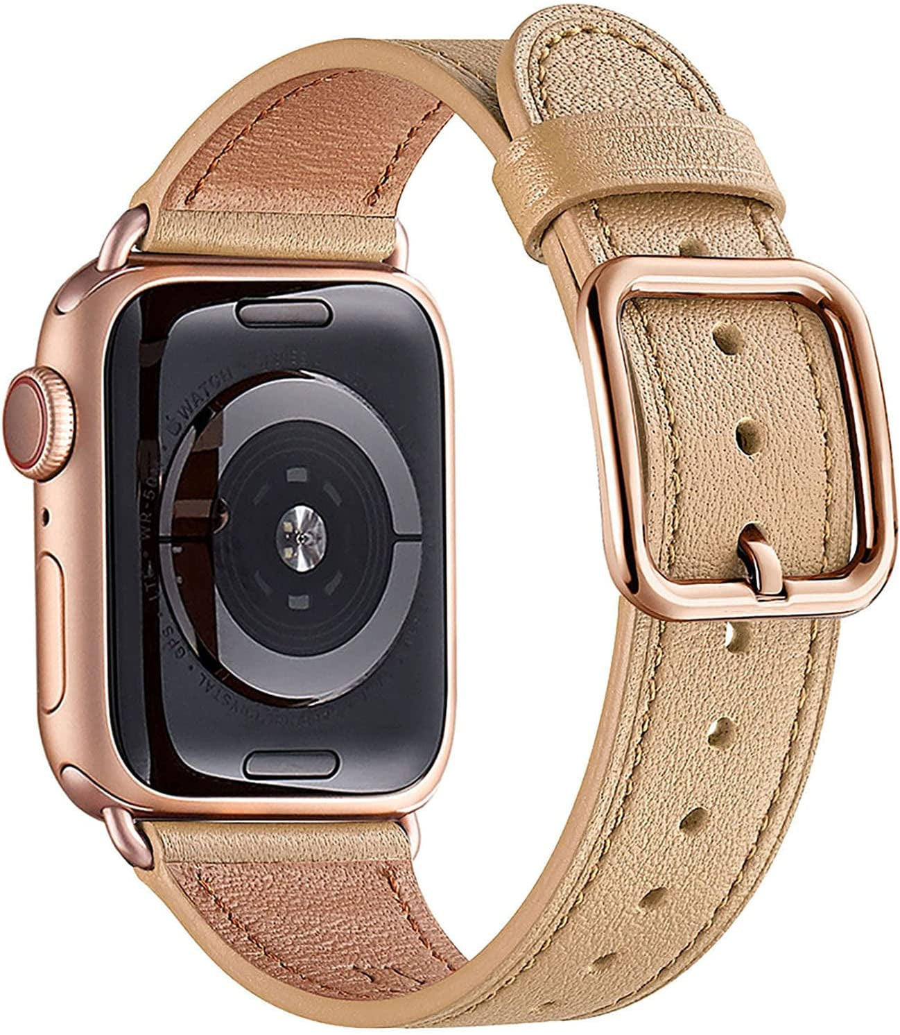 MNBVCXZ Compatible with Apple Watch Band 38Mm 40Mm 41Mm 42Mm 44Mm 45Mm 49Mm Women Men Girls Boys Genuine Leather Replacement Strap for Iwatch Series 8 7 6 5 4 3 2 1 Iwatch Ultra SE (Pink Sand/Rose Gold)  MNBVCXZ-US Camel/Rose gold 42mm 44mm 45mm 49mm 