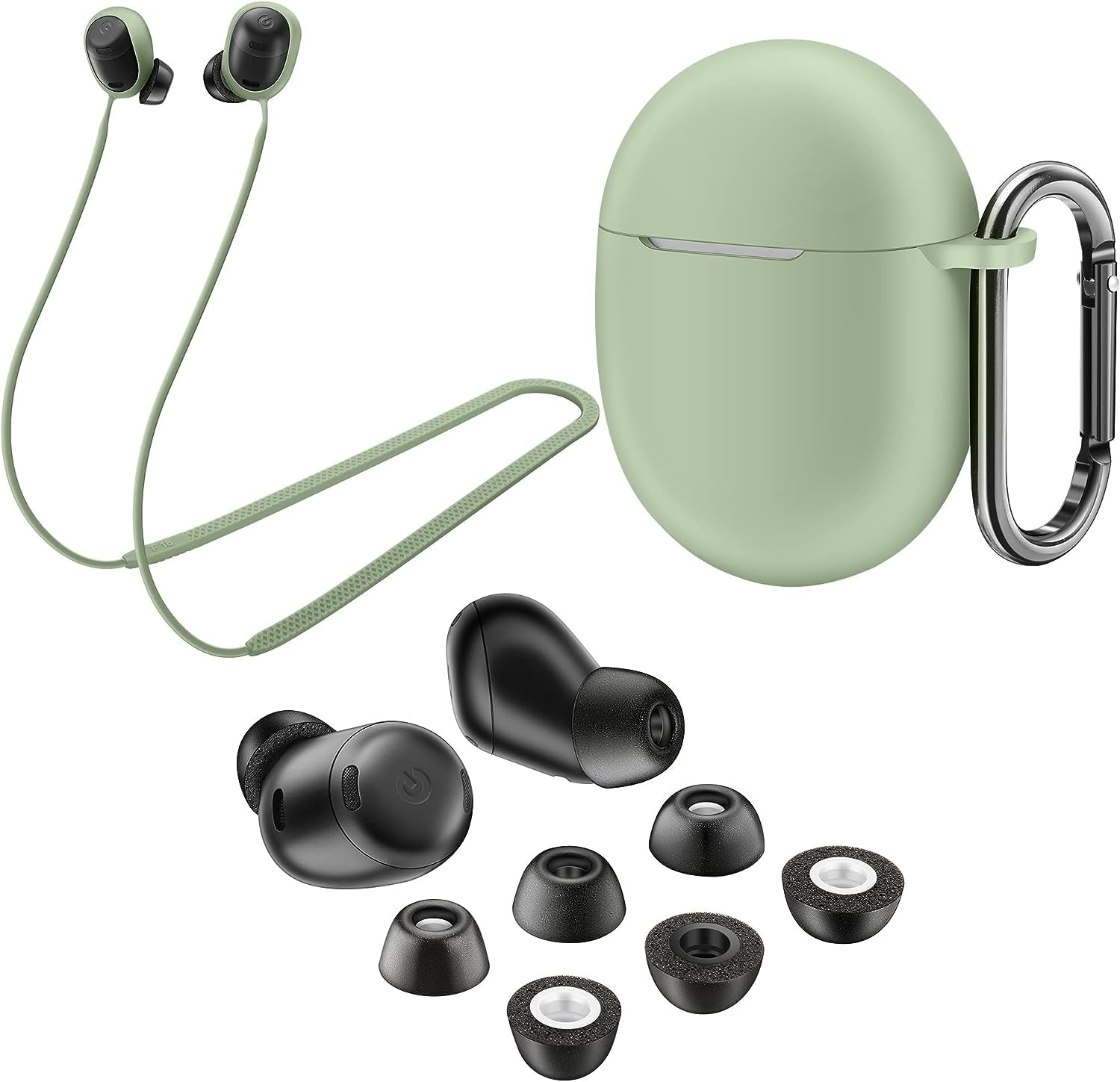 AHBTEYM for Google Pixel Buds Pro Case,Anti-Lost Strap,Silicone Cover with Keychain,Sports Lanyard for Women Men Girl Boy for Google Pixel Buds Pro 2022 (Lemongrass Case+Lemongrass Strap)  AHBTEYM Lemongrass Case+Lemongrass Strap+Black Eartip  