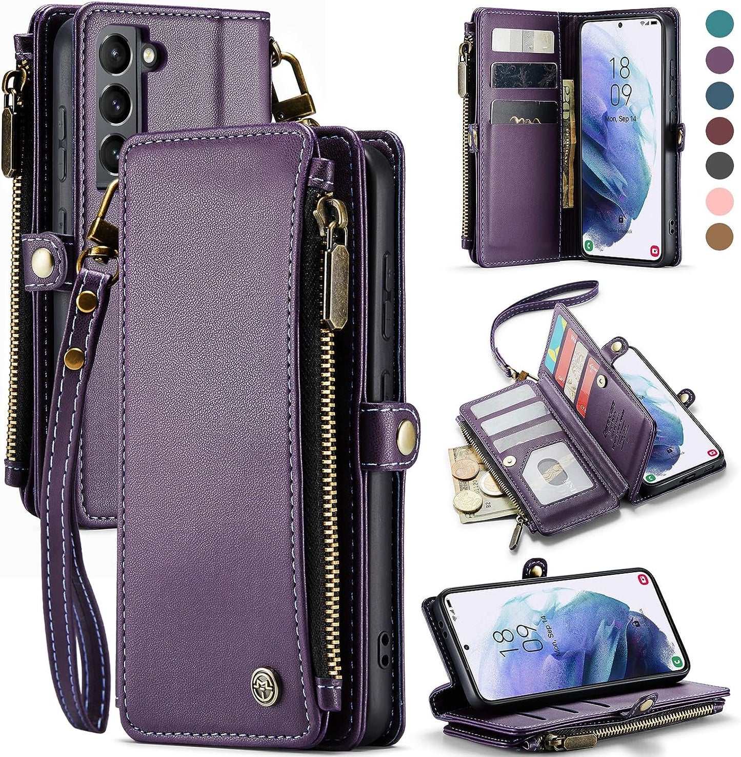 Defencase for Samsung Galaxy S21 Case, RFID Blocking Galaxy S21 Case Wallet for Women and Men with Card Holder, PU Leather Wrist Strap Zipper Pocket Magnetic Flip Phone Case for Samsung S21 5G, Black  Defencase Elegant Purple  