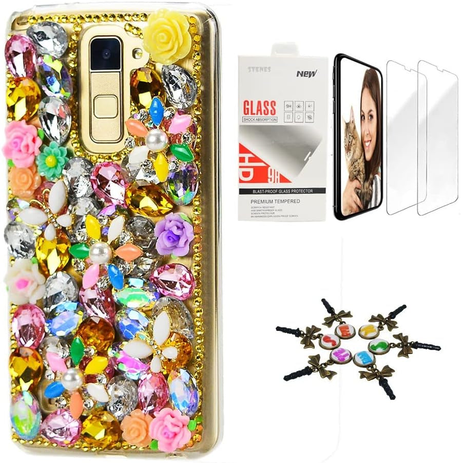STENES Bling Case Compatible with LG V40 Thinq - Stylish - 3D Handmade [Sparkle Series] Rhinestone Pretty Cat Crown Rose Flowers Design Cover with Screen Protector [2 Pack] - Blue  STENES Butterfly Rose Flowers / Yellow Design For Lg Aristo 3 / Lg Tribute Empire 